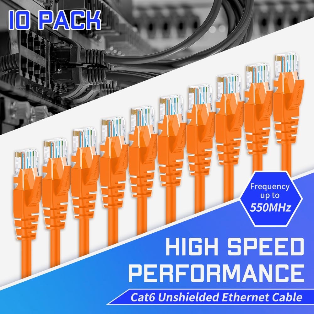 10 PCS Orange Cat6 Ethernet Cable 6 Feet Network RJ45 Internet Patch Cord