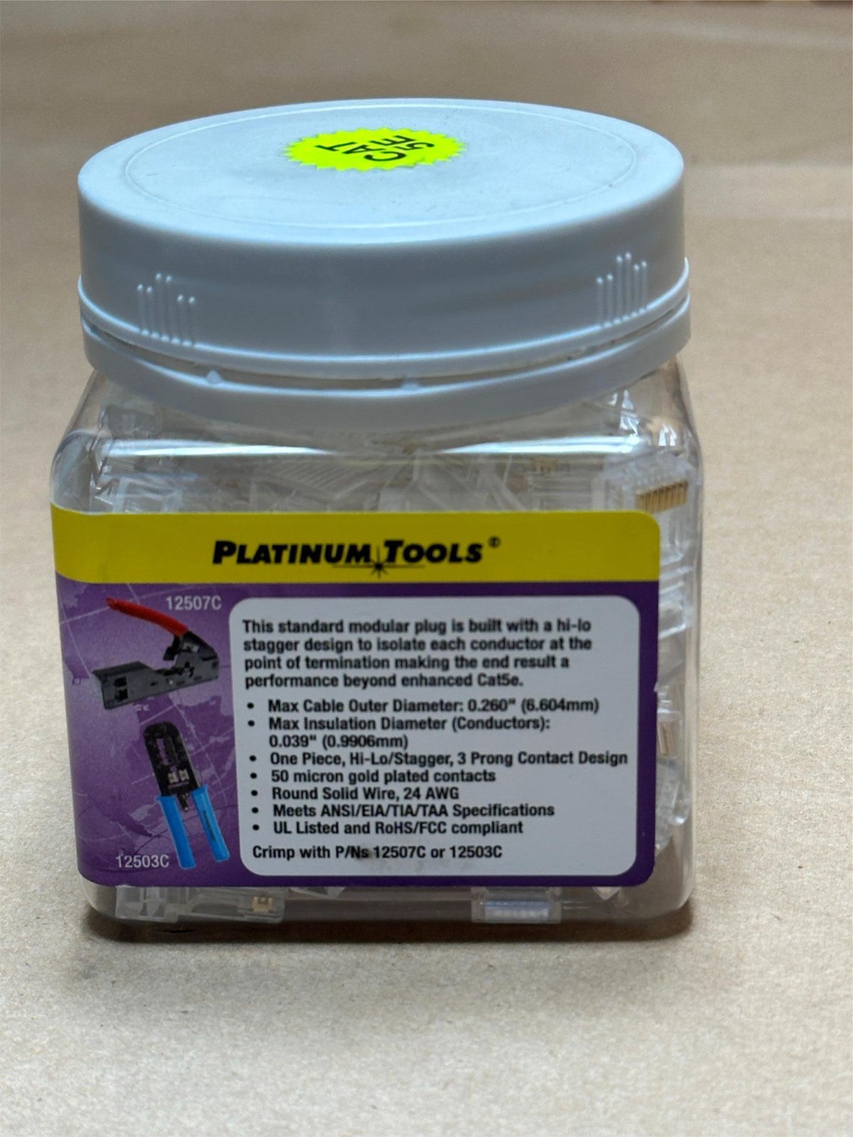 100x PC Platinum Tools 106168J RJ45 CAT5E HP Round-Solid 3-Prong Plugs