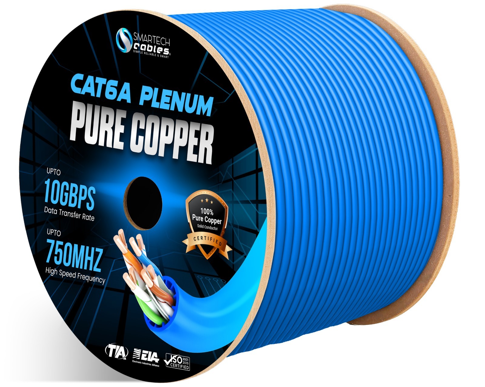 Cat6A Plenum 1000ft Cable, Pure Copper CMP Rated, 23AWG UTP, 750MHz PoE++,10Gbps