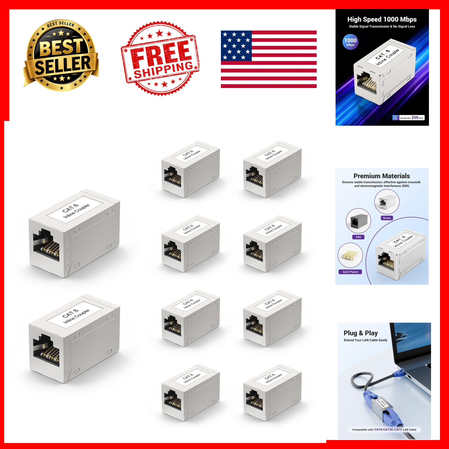 Cat6 Ethernet Coupler Shielded 10 Pack Metal Housing PoE 1Gbps Gold Contacts