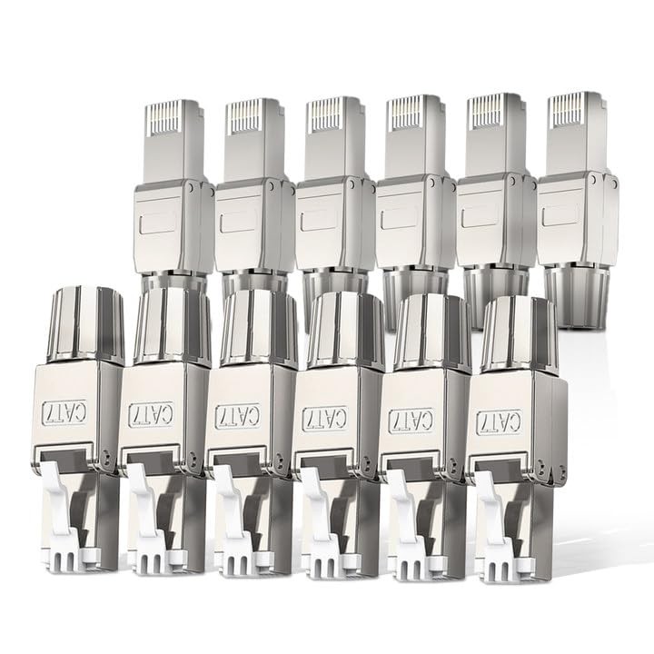 Cat7 Cat6A RJ45 Connector 12-Pack, Tool-Free Alloy Shielded Ethernet Terminat…