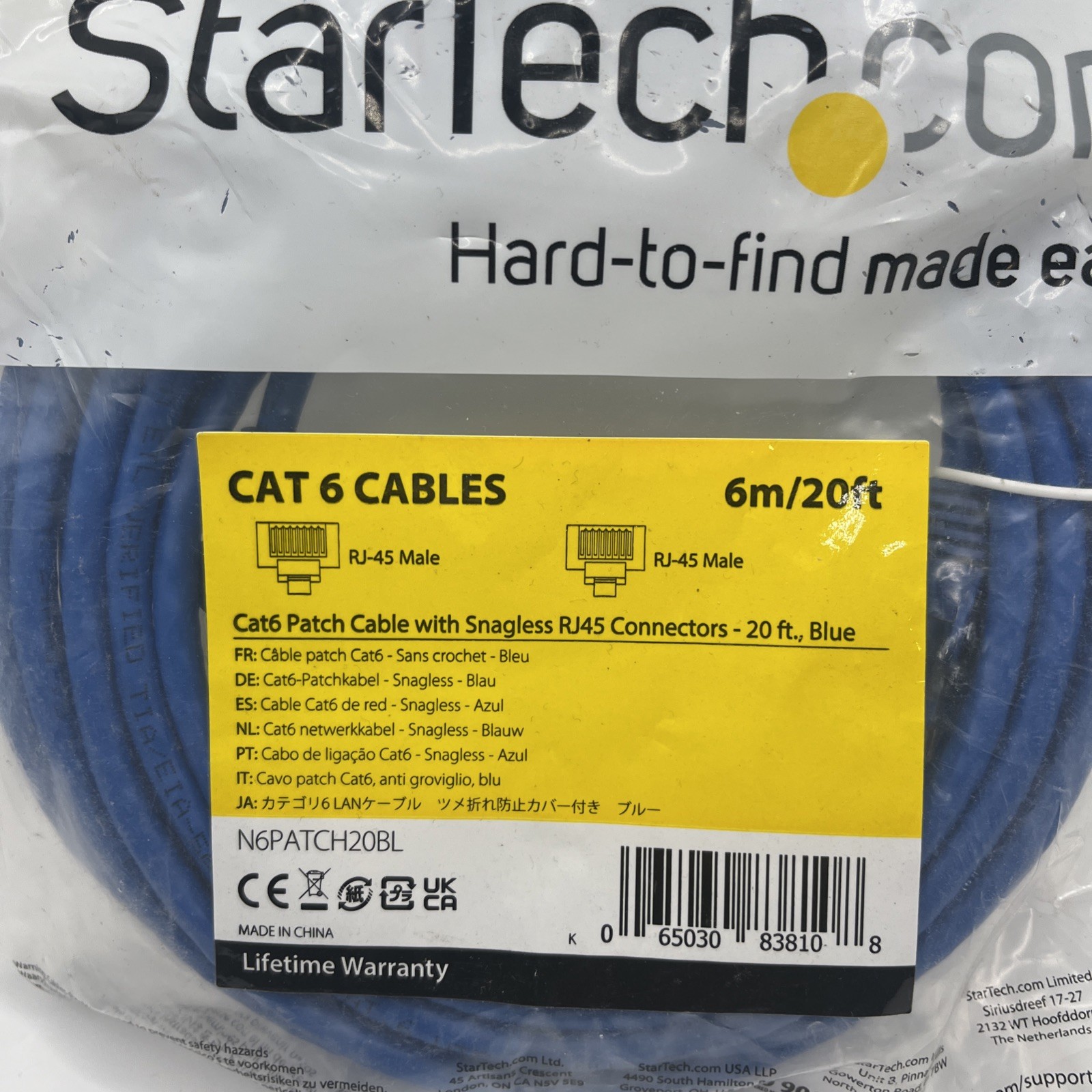 StarTech 20ft Blue Cat6 Patch Cable with Snagless RJ45 Connectors – Long