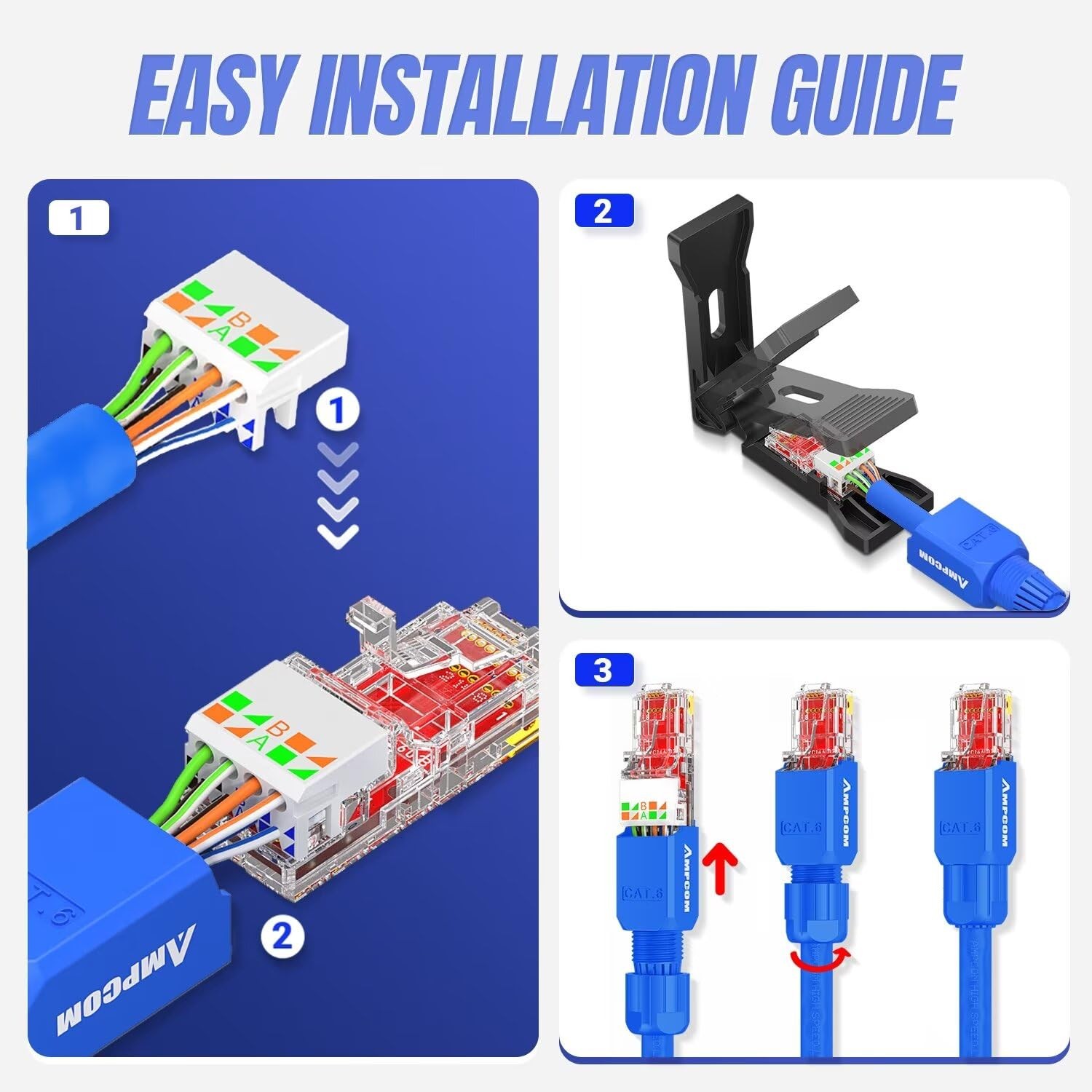 12 Pack Blue Cat6 Tool Free UTP Field Termination Modular RJ45 Plugs