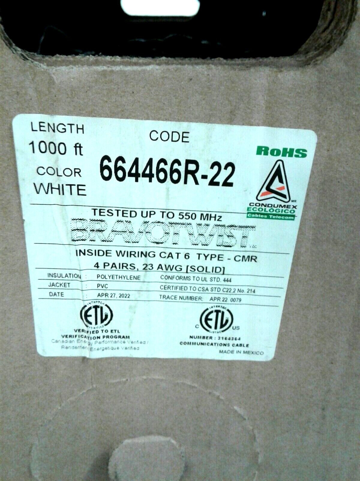 Condumex 664466R-22 1000′ White BravoTwist Pull Box CAT 6 4 Pairs 23 AWG Solid