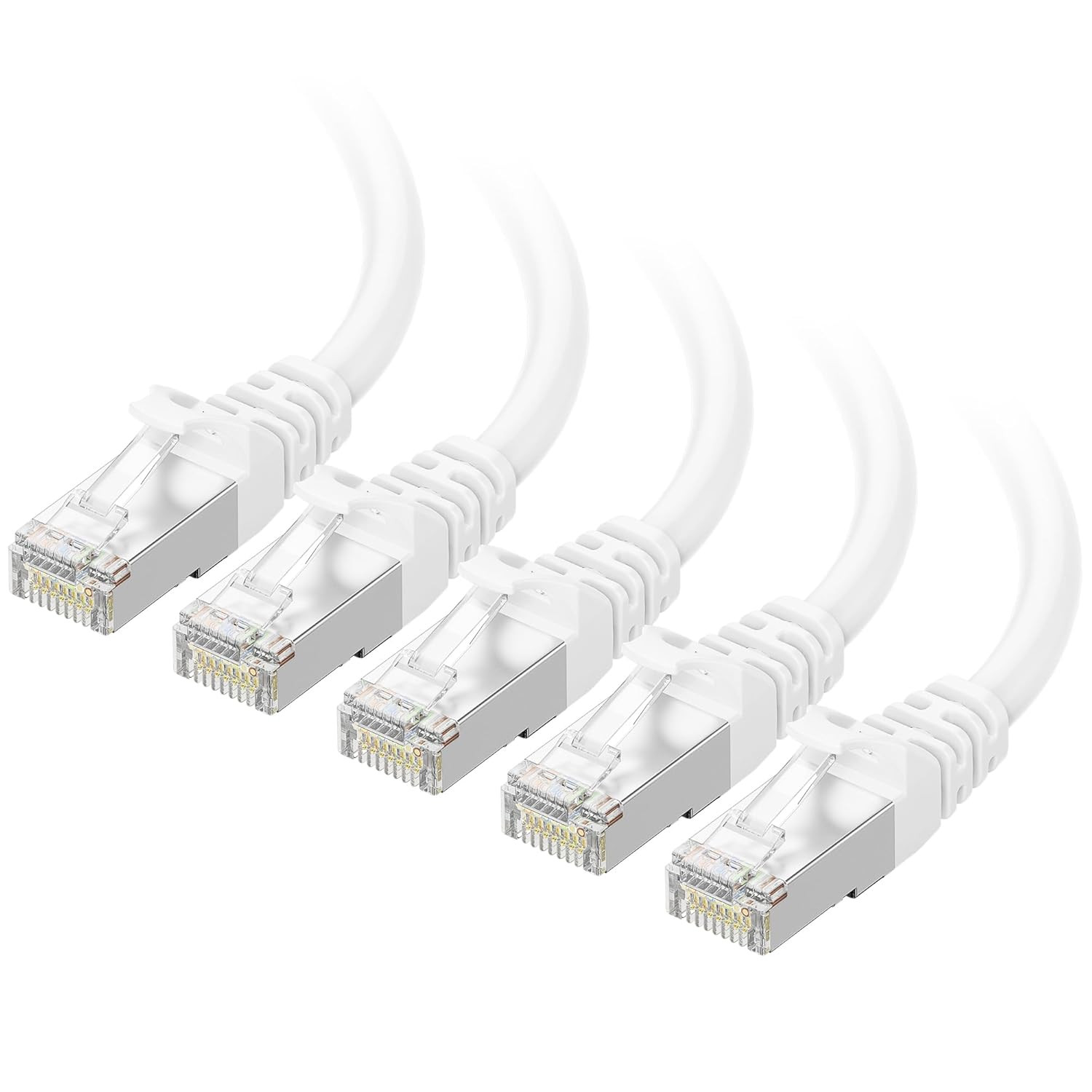 Cable Matters 10Gbps 5-Pack Snagless Shielded Cat 6A Cable, 1Ft, White | S/FTP