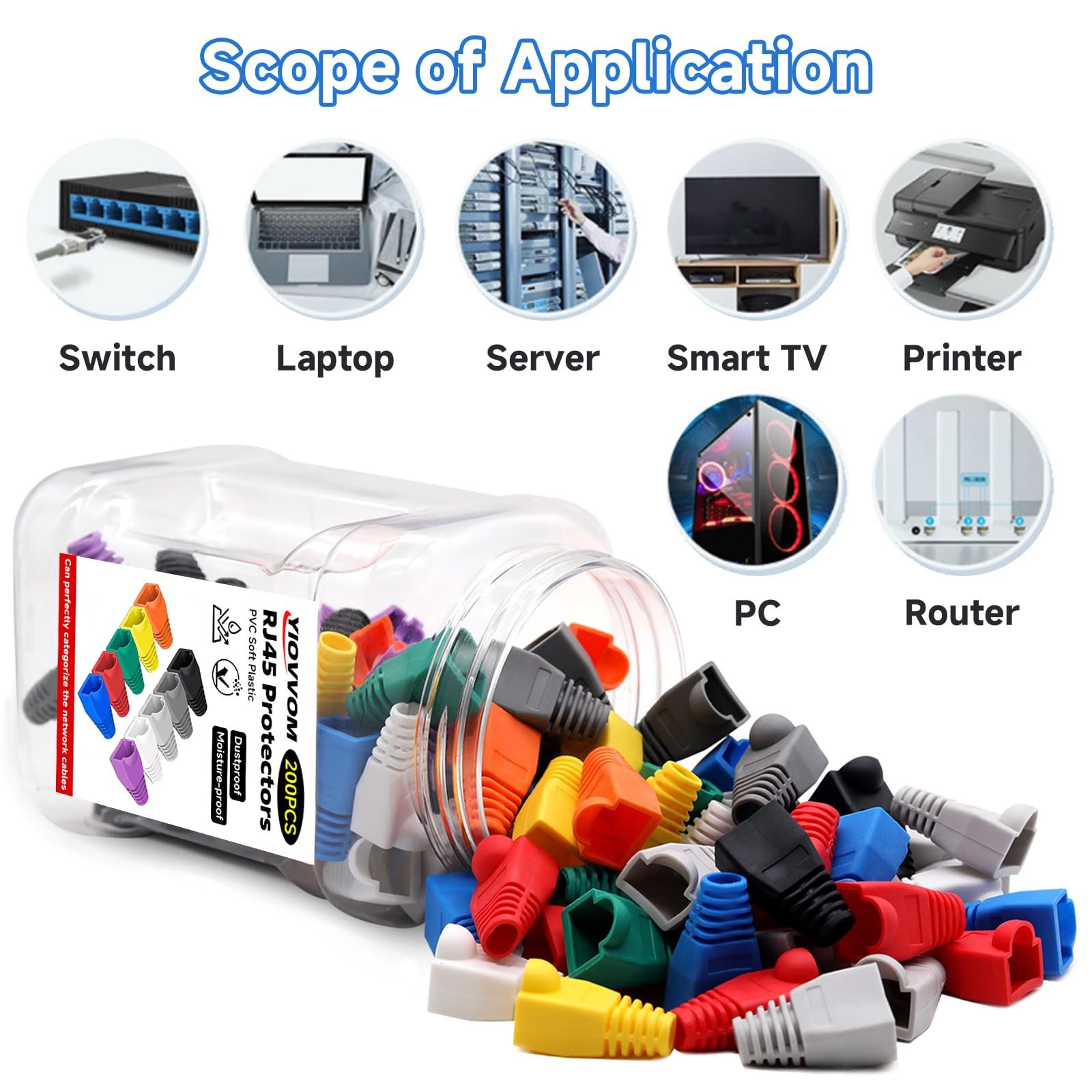 Multicolor RJ45 Strain Relief Boots Cat6 Cat5e Ethernet Covers 200 PCS