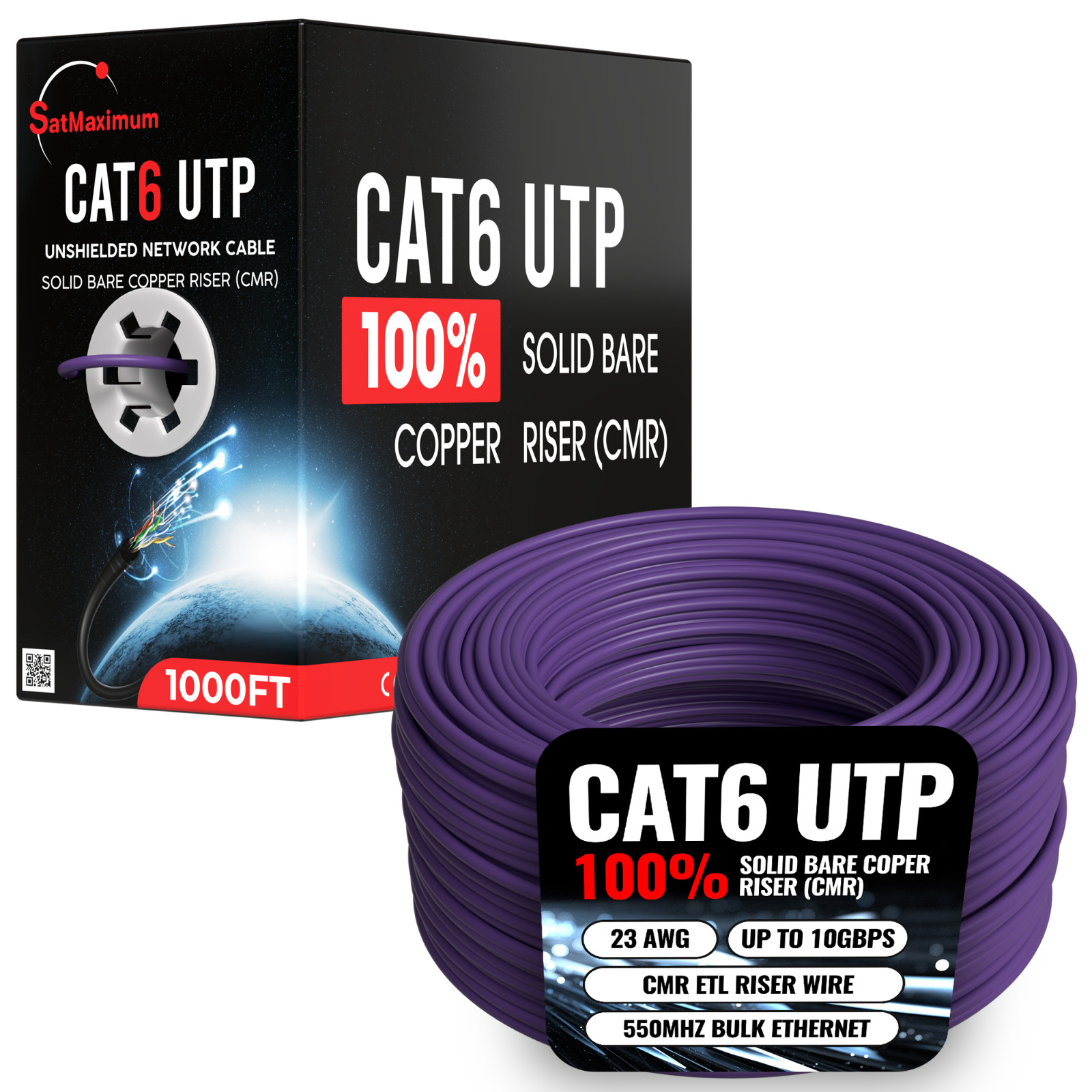 CAT6 500ft Purple ETL CMR 23 AWG Solid Copper Ethernet Network Cable