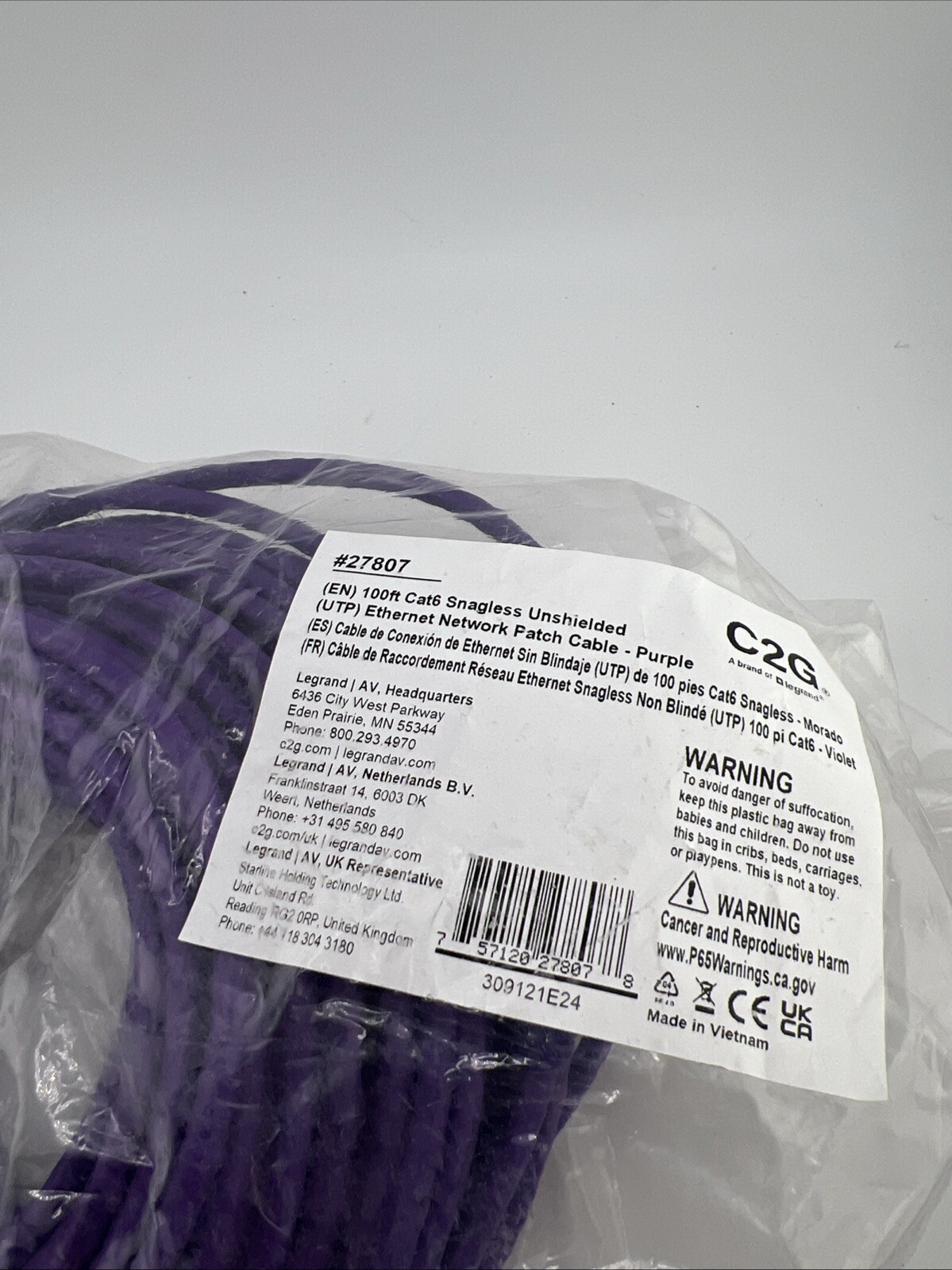 C2G 27807 100FT CAT6 Snagless Unshielded (UTP) Ethernet Network Patch Cable Pur