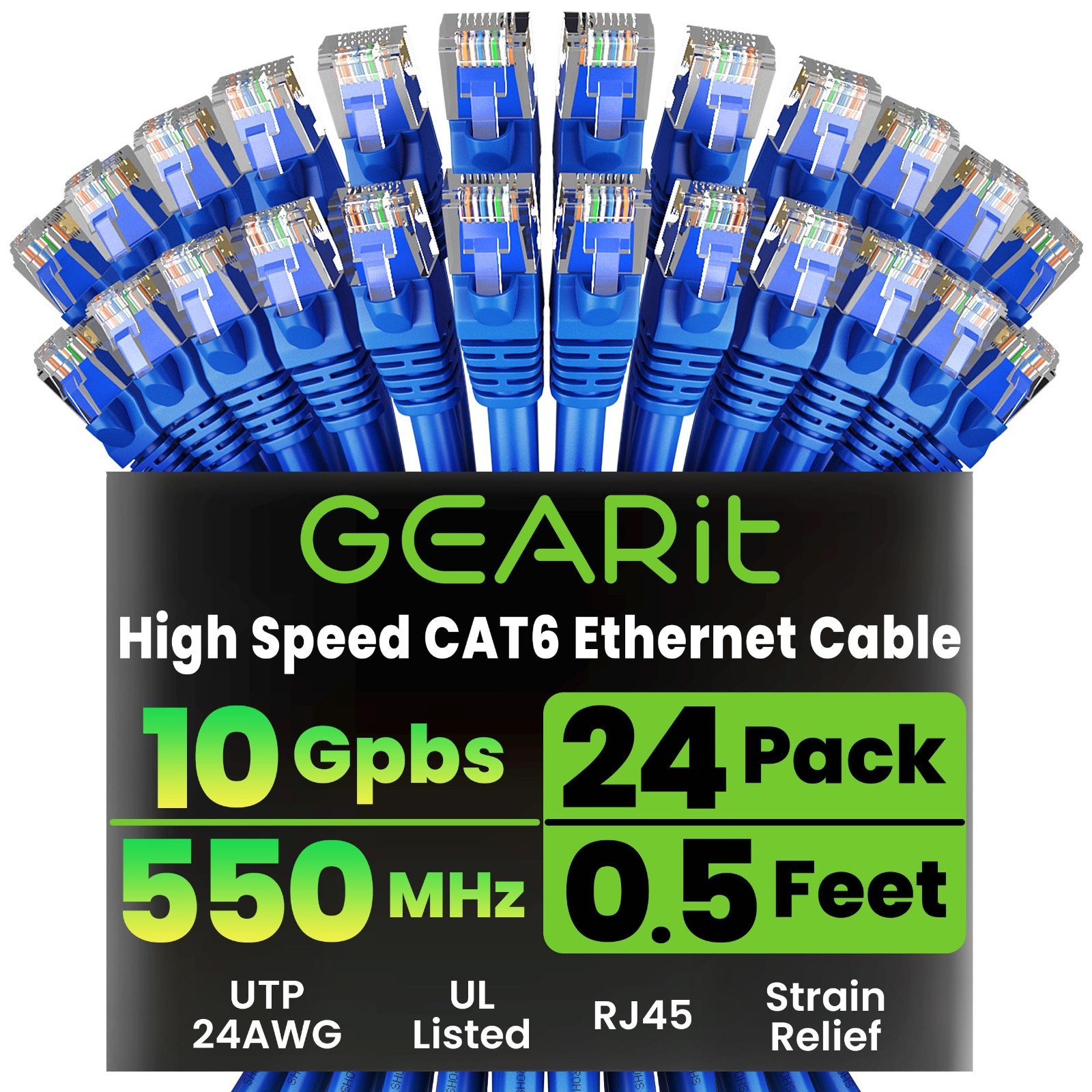 High-Speed Cat6 Ethernet Cable 0.5ft 24-Pack – 10Gbps RJ45 Snagless Gold-Plated