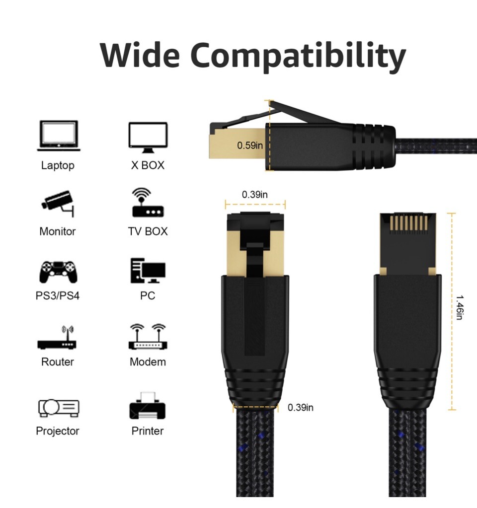 20ft Flat Cat 8 Ethernet Cable Indoor&Outdoor for Modem/Router/Gaming/PC S/FTP