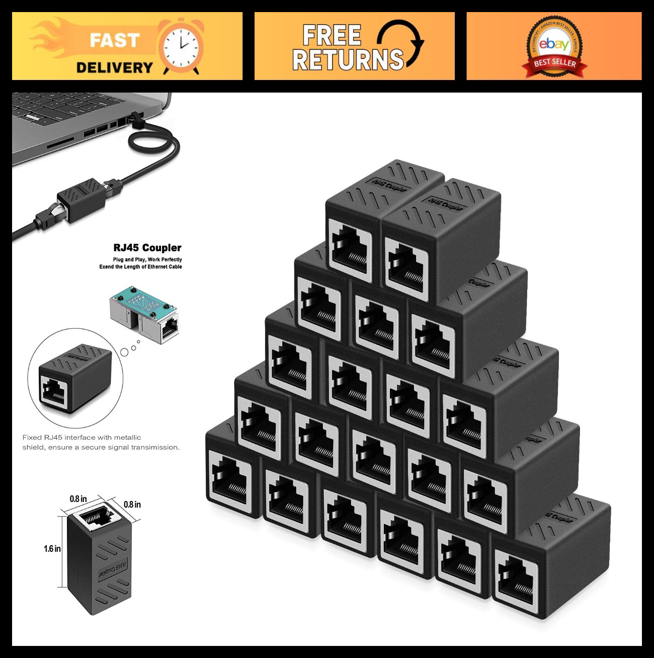 Ethernet Coupler RJ45 Shielded Connectors – Cat7/Cat6/Cat5e Extender – 20 Pack