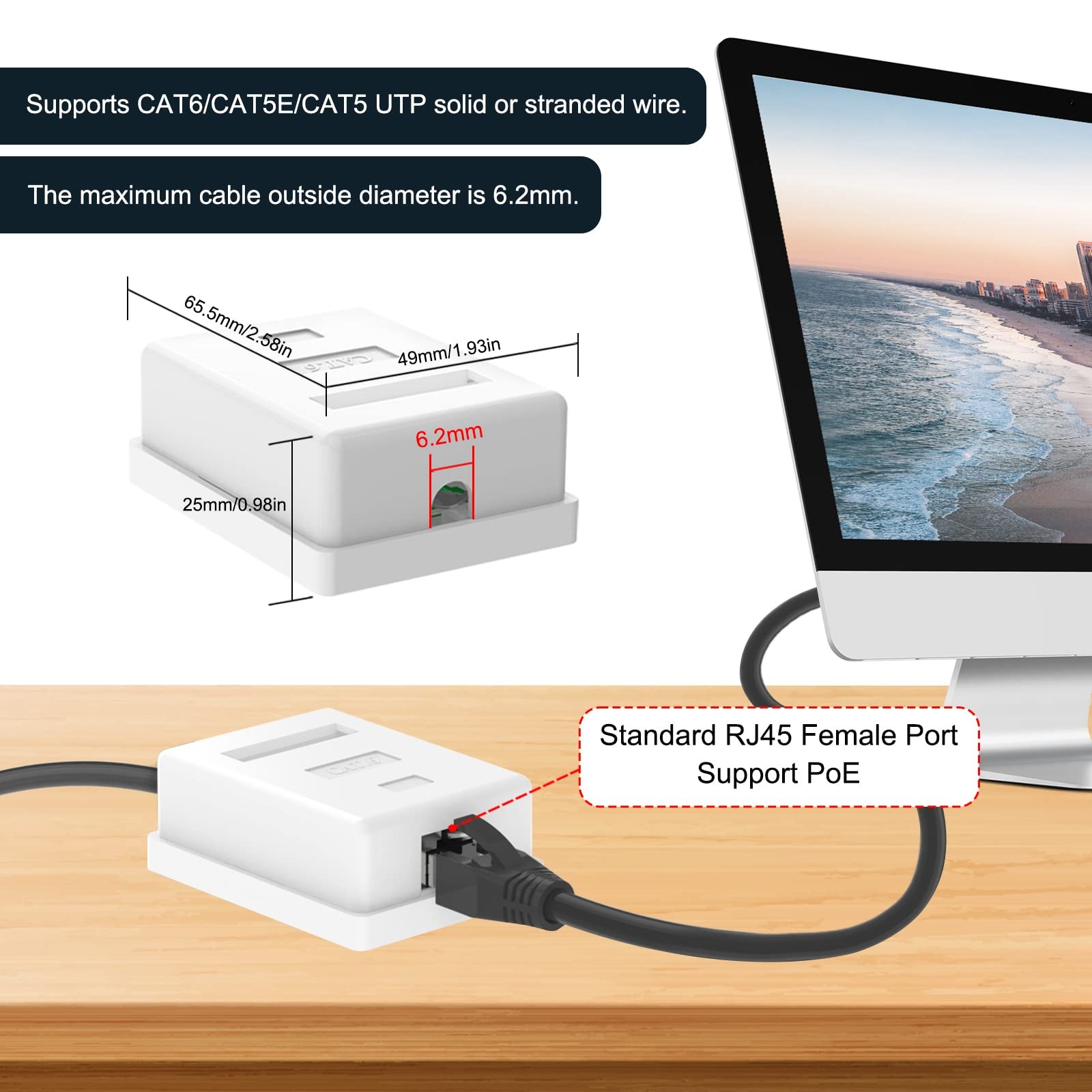 1Port Cat6 RJ45 Shielded Surface Mount Box White Fits Cat5/Cat5e/Cat6 5 PCS