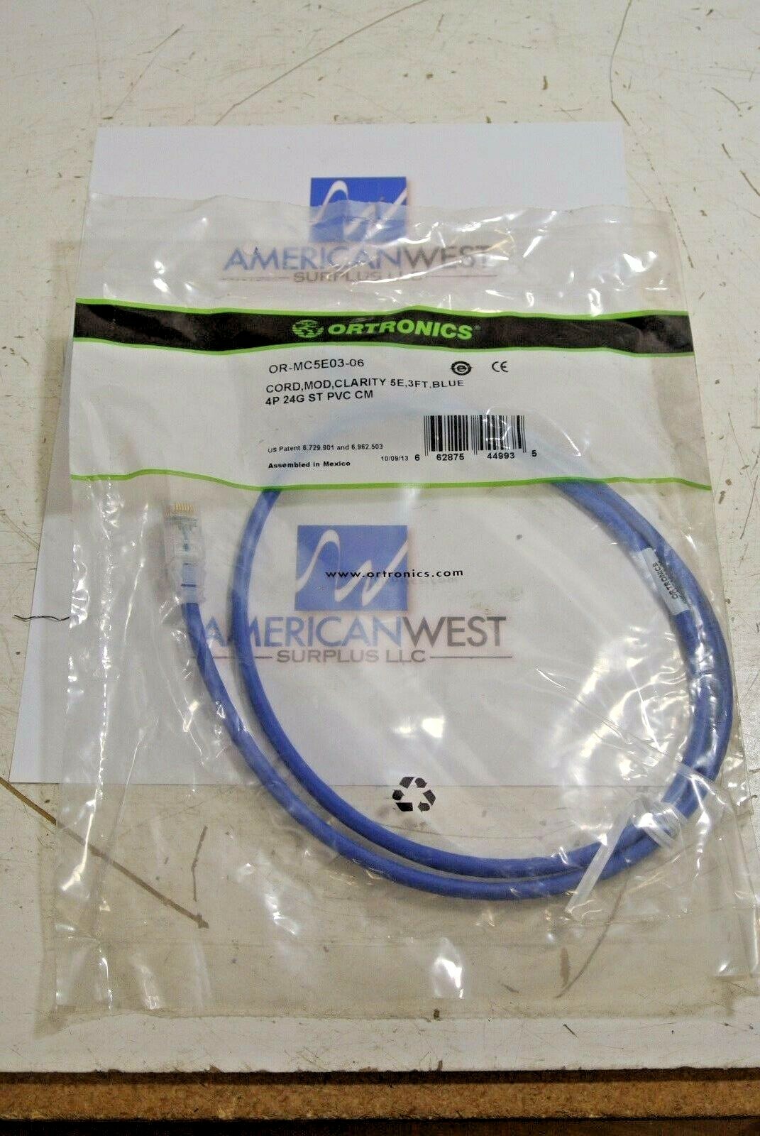 OR-MC5E03-06 ORTRONICS Cord Clarity 5E 3 Foot Blue 4P 24G ST PVC CM NEW