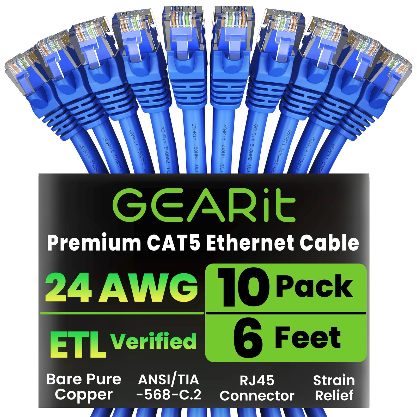 10-Pack, Cat5e Ethernet Patch Cable 6 Feet – Snagless RJ45 Computer LAN Netwo…
