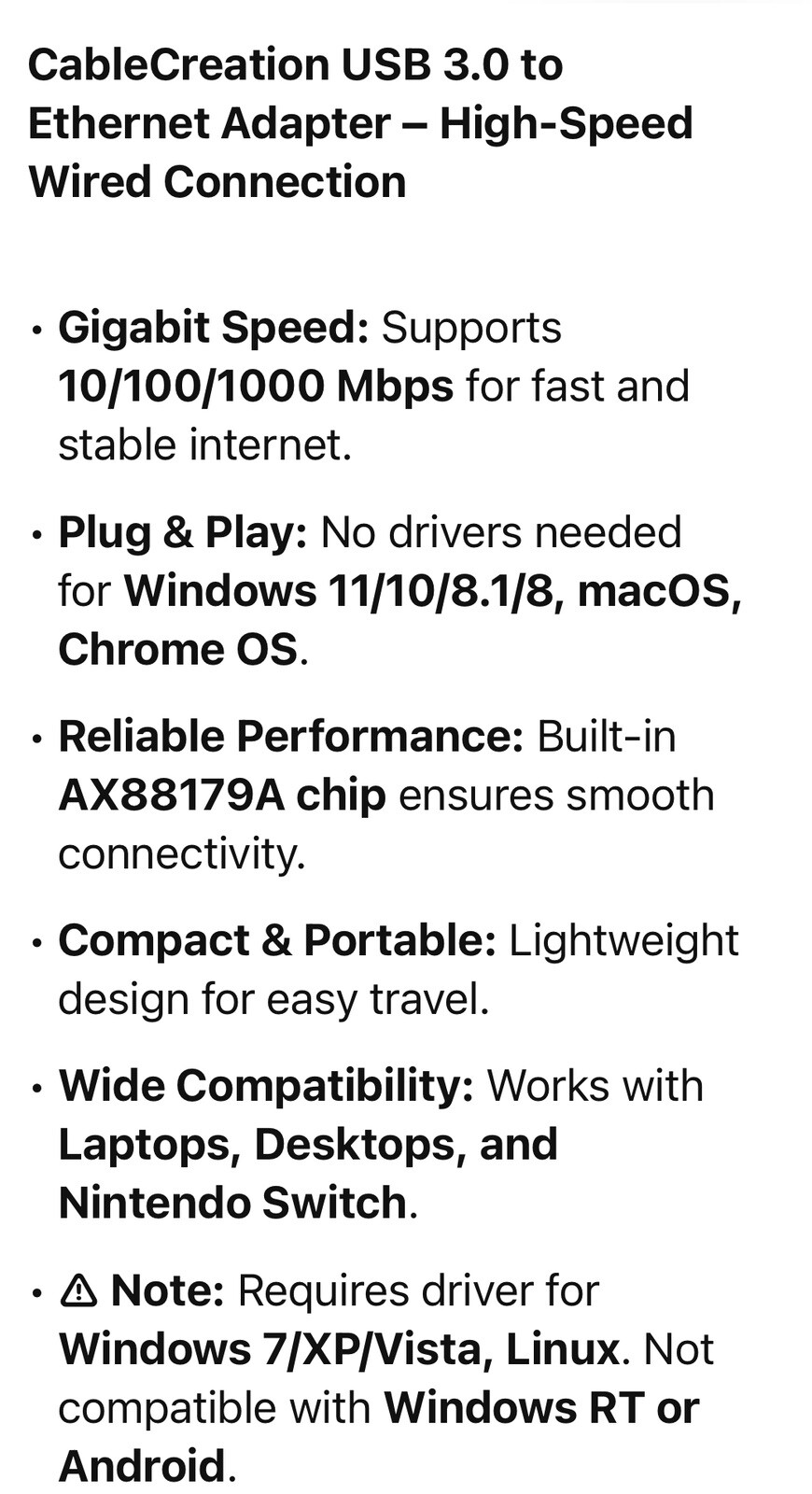 Cable Creation USB 3.0 Gigabit Ethernet Adapter