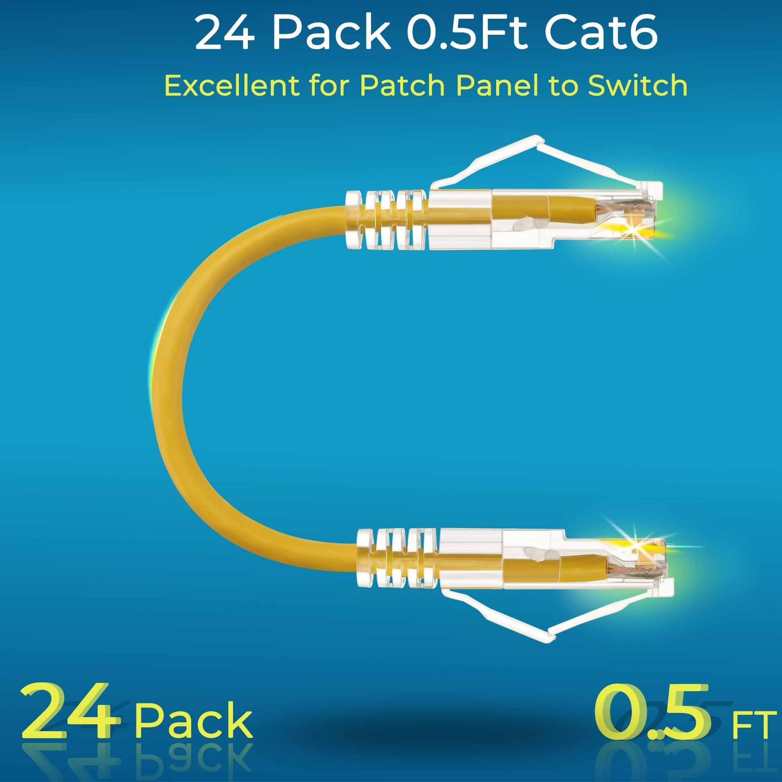 Rapink Cat6a Ethernet Patch Cables 0.5ft 24 pk Yellow Slim Snagless 10G Support