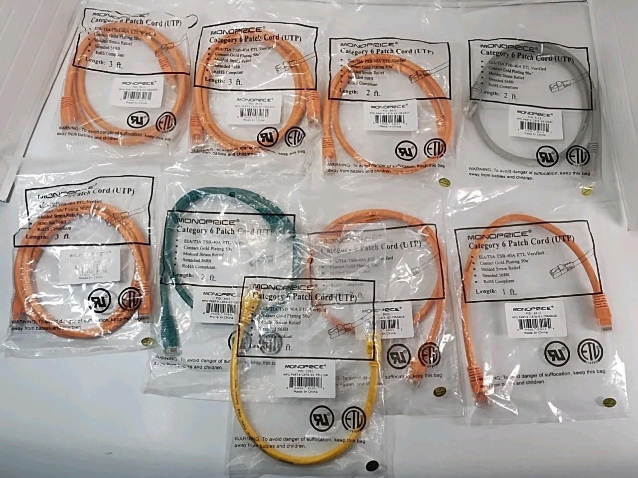 9x NEW Monoprice Category 6 CAT Patch Cords UTP EIA/TIA TSB-40A ETL 1ft 2ft 3ft