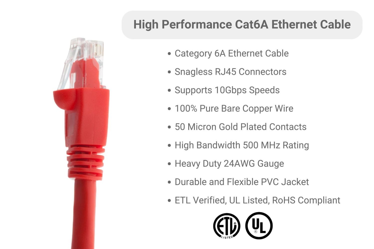 CAT6A Ethernet Patch Cable, Snagless, 35′, Red – Lifetime Warranty