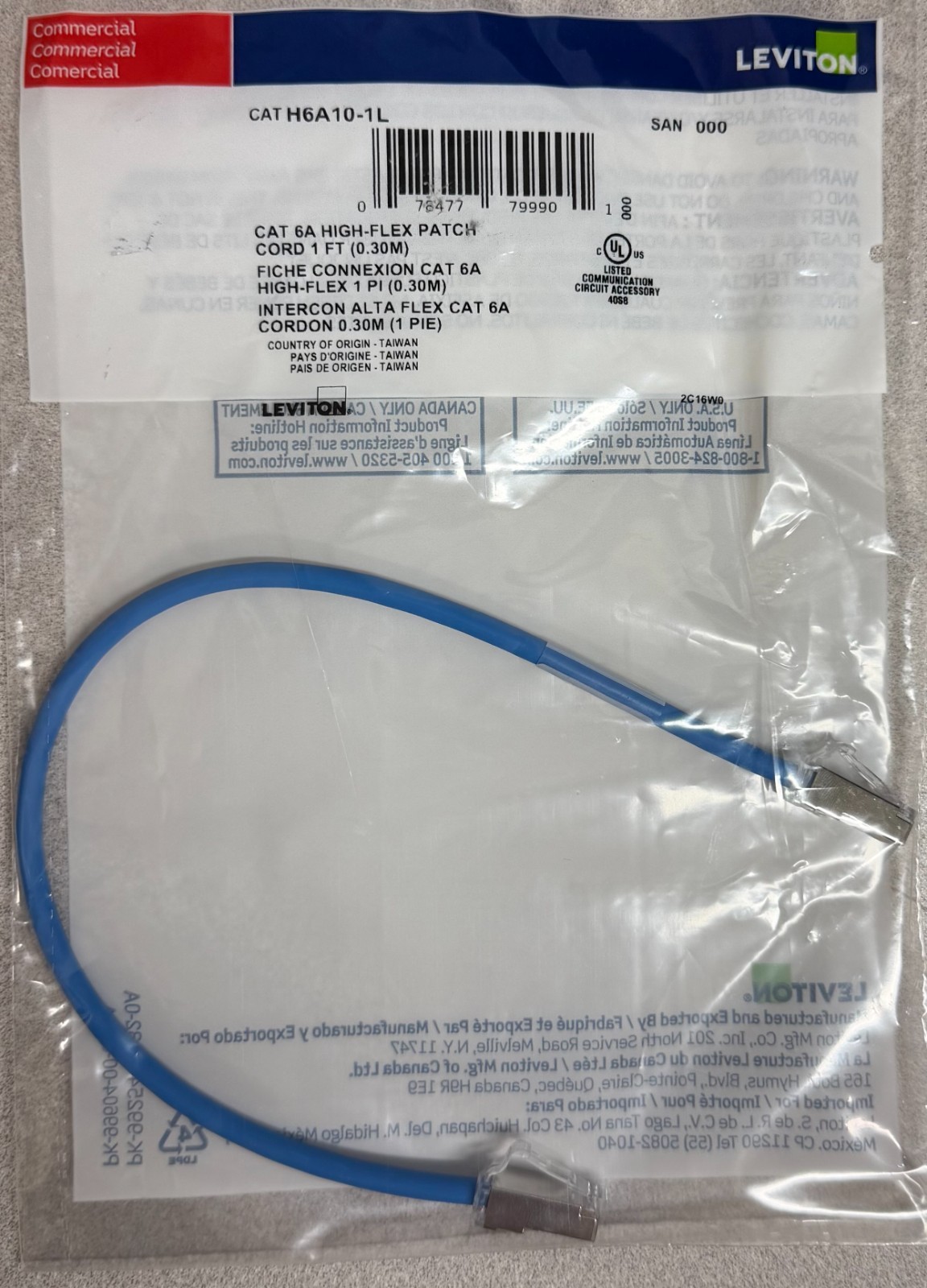 Leviton Cat 6a High Flex Small OD 1ft Blue Patch Cords. Box of 100 New.