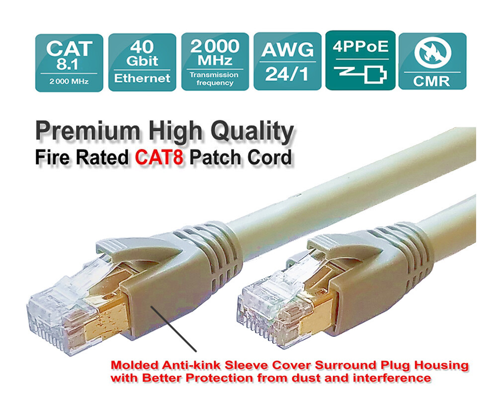 Premium Quality CAT8 CAT7A High Speed Fire Rated Ethernet Cable 3~100ft Lot