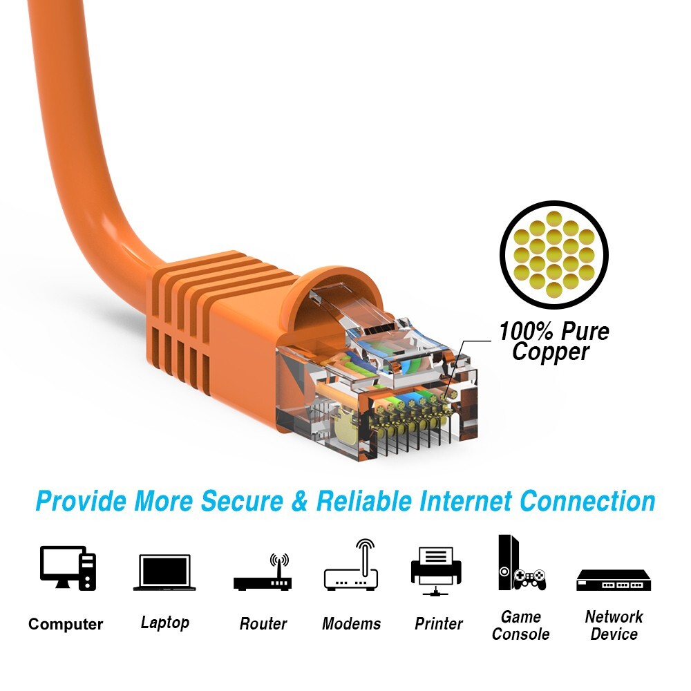 1ft Cat6 UTP Ethernet Patch Cable Molded Boots Orange Pure Copper Lot of 1, 5,10