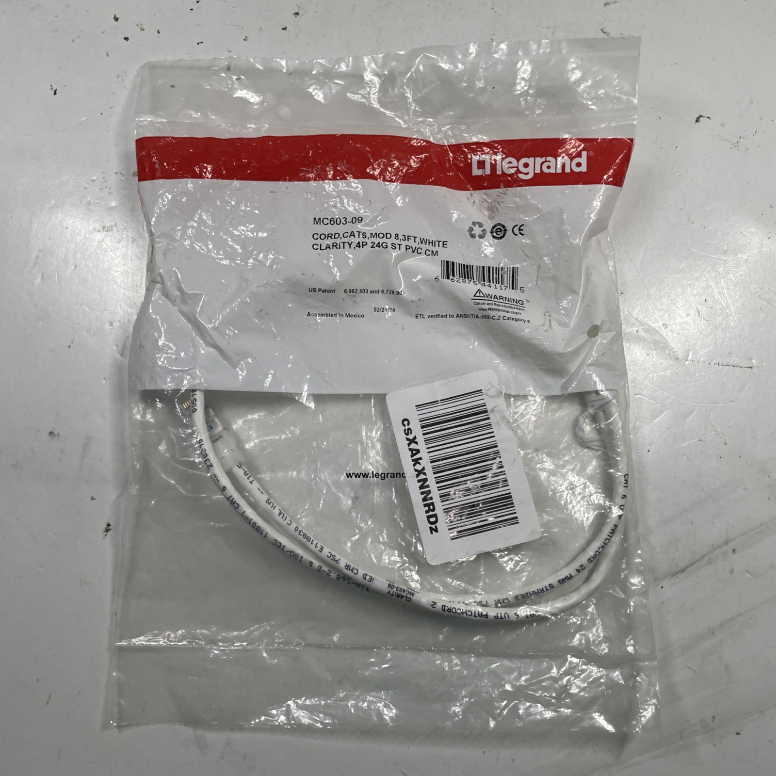 Legrand MC603-09 Cat6 RJ-45 Ethernet Patch Cable, 3 ft White Round