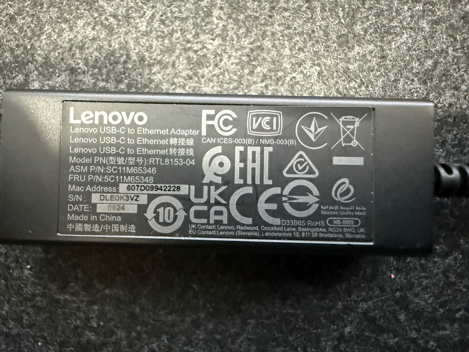 Lenovo USB-C to Ethernet Adapter Portable Black RJ-45 Female