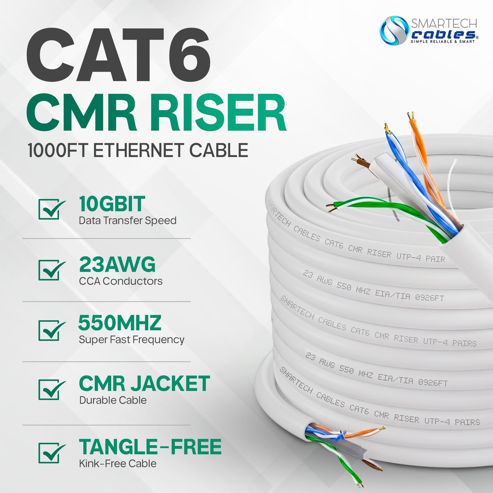 Smartech Cables | Cat 6 Ethernet Cable 1000ft | 23AWG UTP 4-Pairs in-Wall Bul…