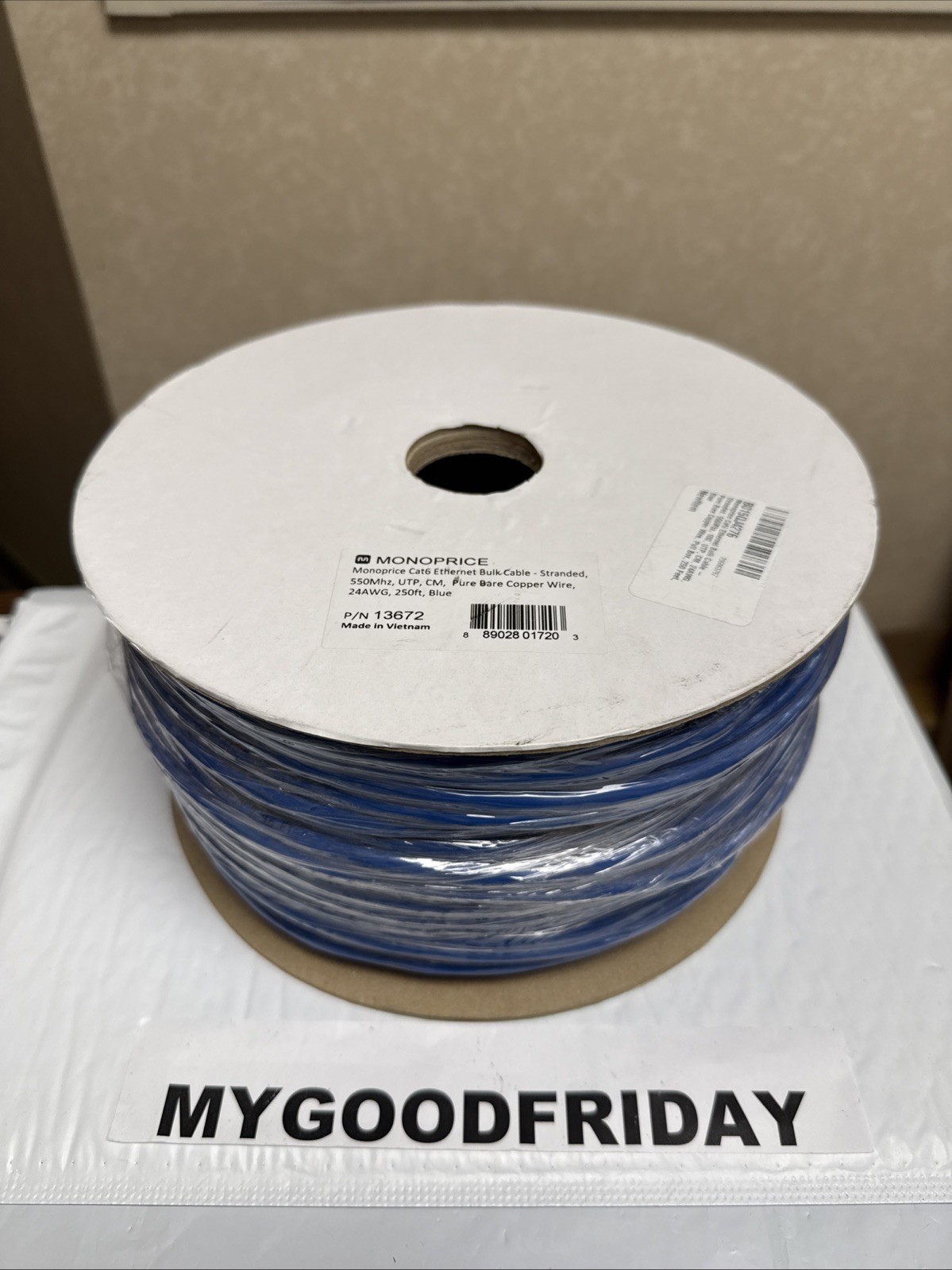 Monoprice Blue 250ft Cat6 Bulk Stranded UTP 24AWG Copper Wire Cable Pull Box New