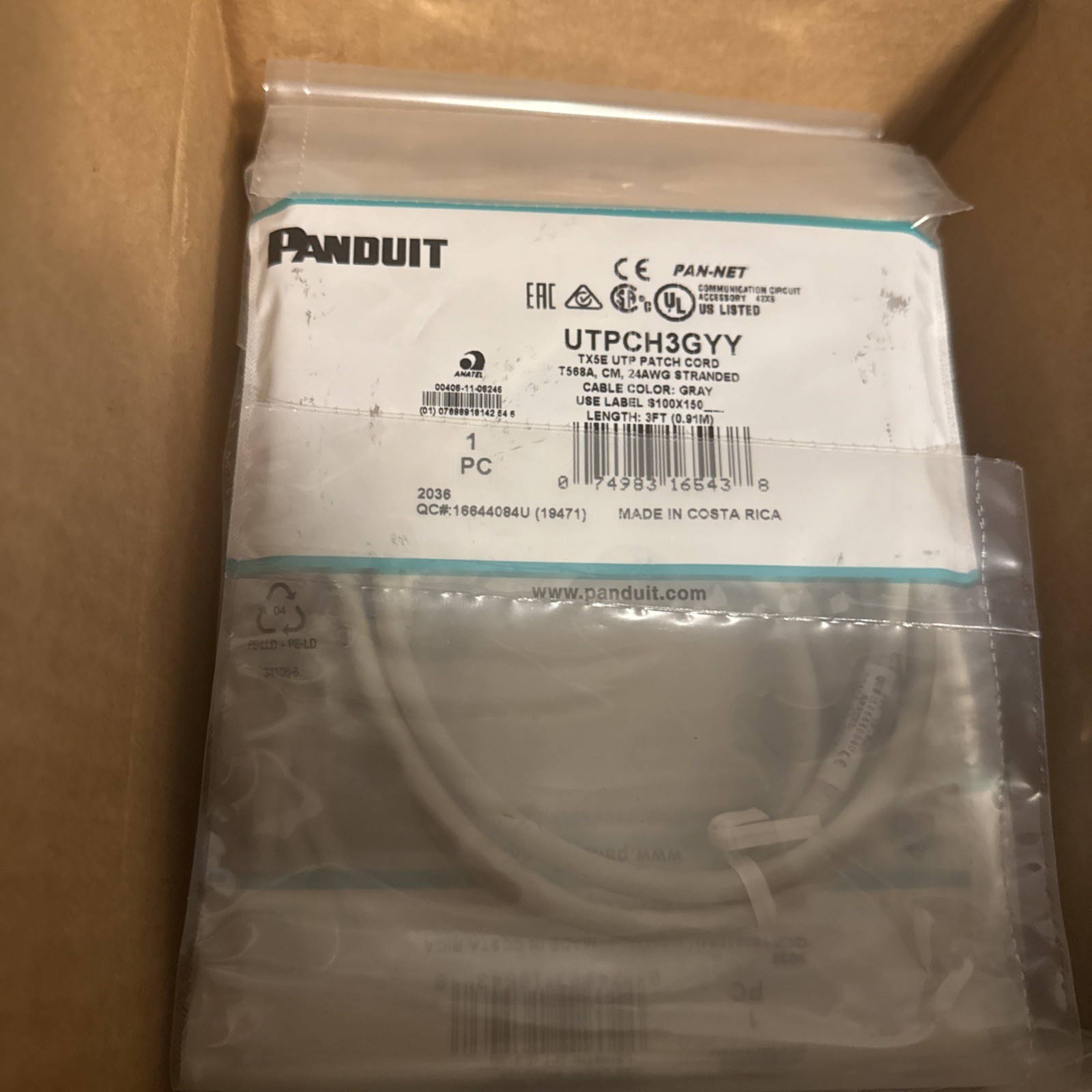 New Box of 10 Panduit 3ft, gray UTPCH3GYY Patch Cord Cable CAT5e Pan-Net