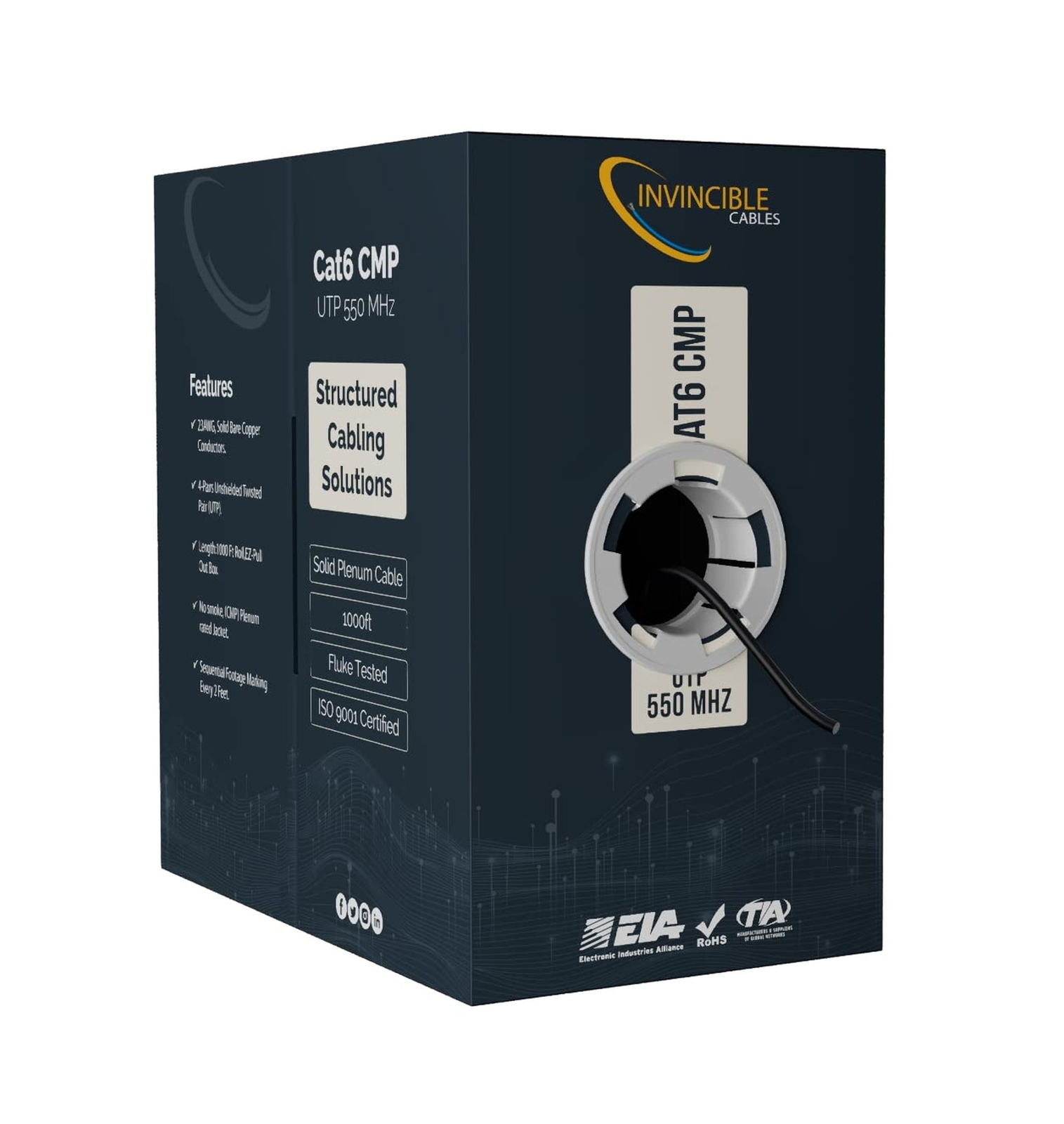 Cat6 Plenum (CMP) 1000ft Cable | 0.57mm 100% Solid Copper, 550 MHz, 23AWG, 4 …