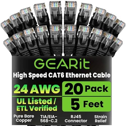 20-Pack Cat 6 Ethernet Cables 5ft – Snagless RJ45 Network Patch Cords, 10 Gbps
