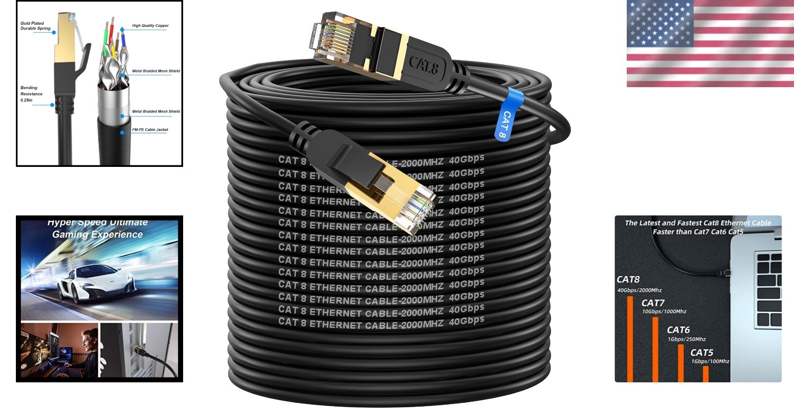 200FT Heavy Duty Cat 8 Ethernet Cable, 40Gbps with Gold Plated RJ45 Connections