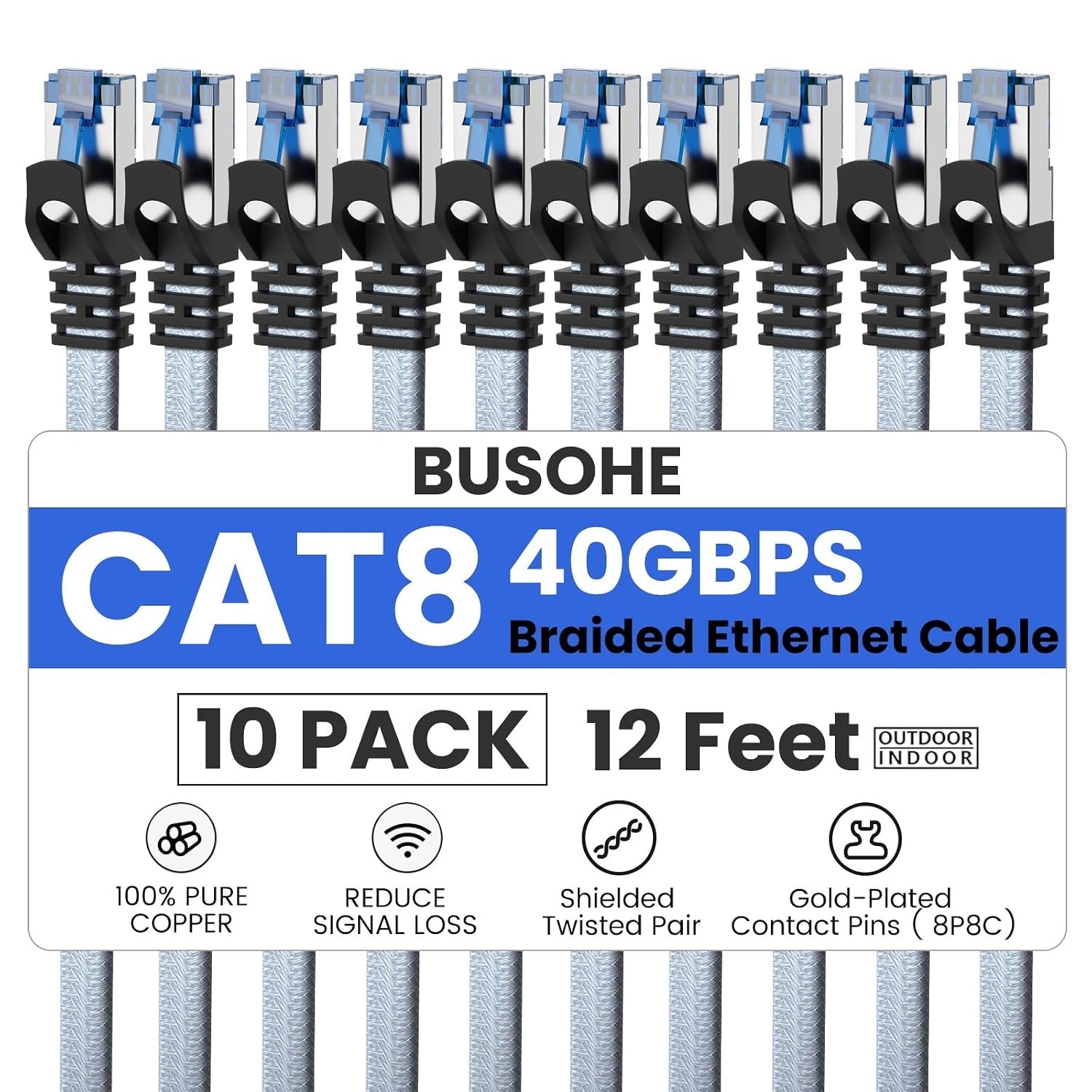 Cat 8 Ethernet Cable 12FT 10-Pack – Universal Compatibility
