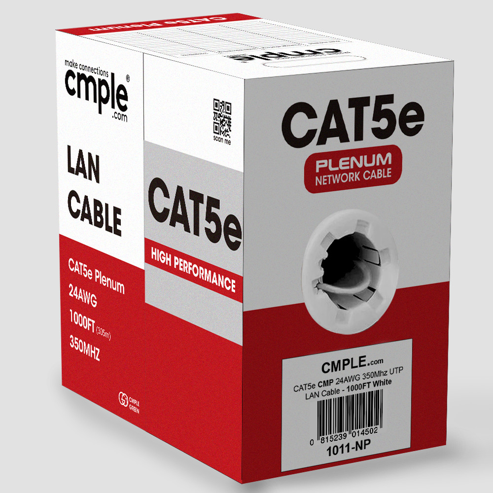 Cat5e Bulk Ethernet Cable 1000ft CMP Plenum Solid 24AWG UTP Pull Box White