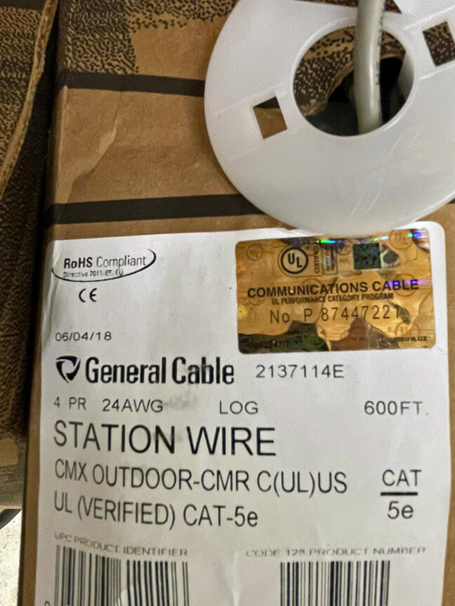 UTP Cat5e Cable CMR-CMX OUTDOOR 100% Copper Gray 600ft General Cable Made in USA