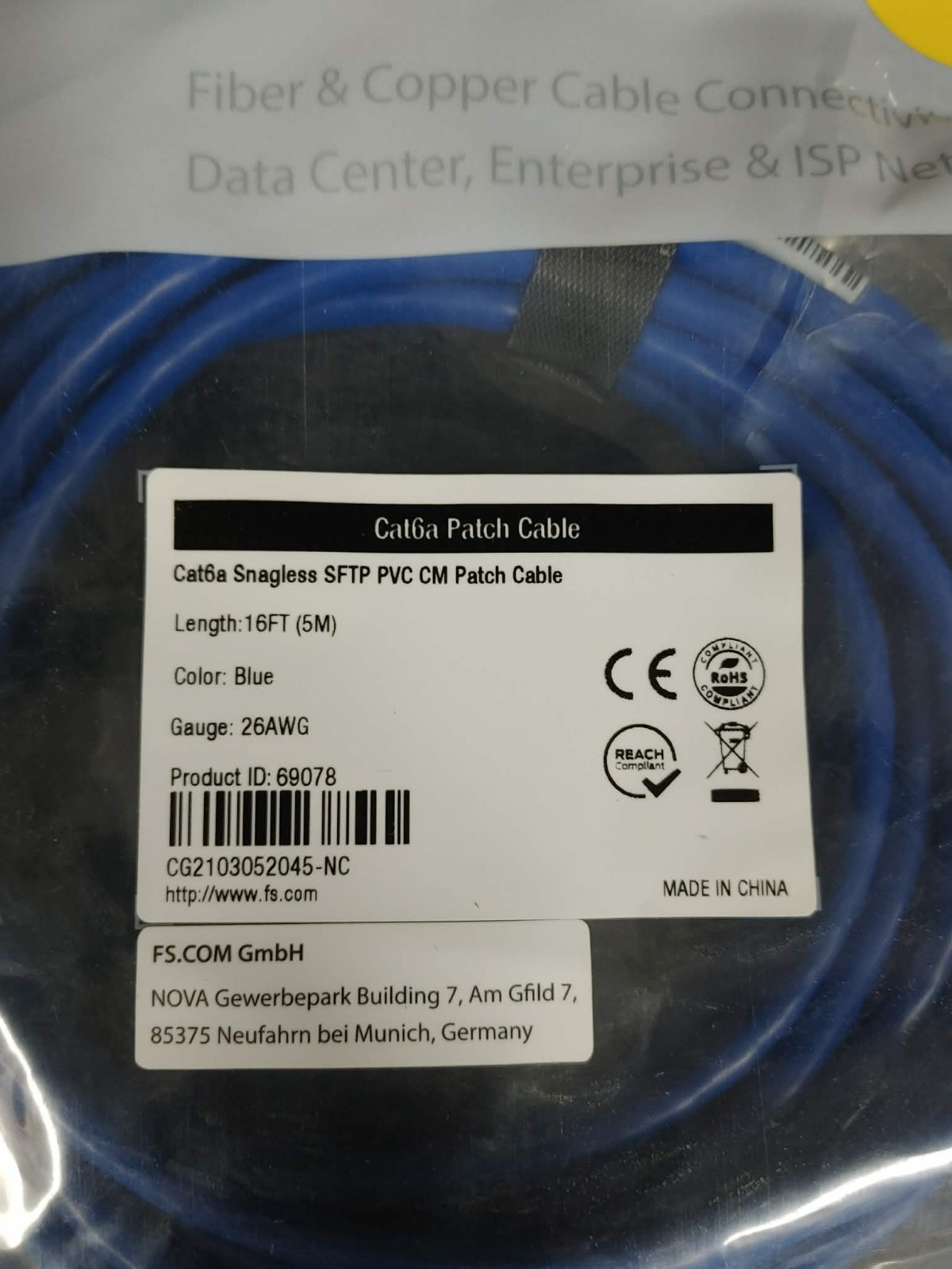 LOT of 5 FS Cat6a Snagless SFTP PVC CM Patch Cable 16ft (5m) 26 AWG Blue