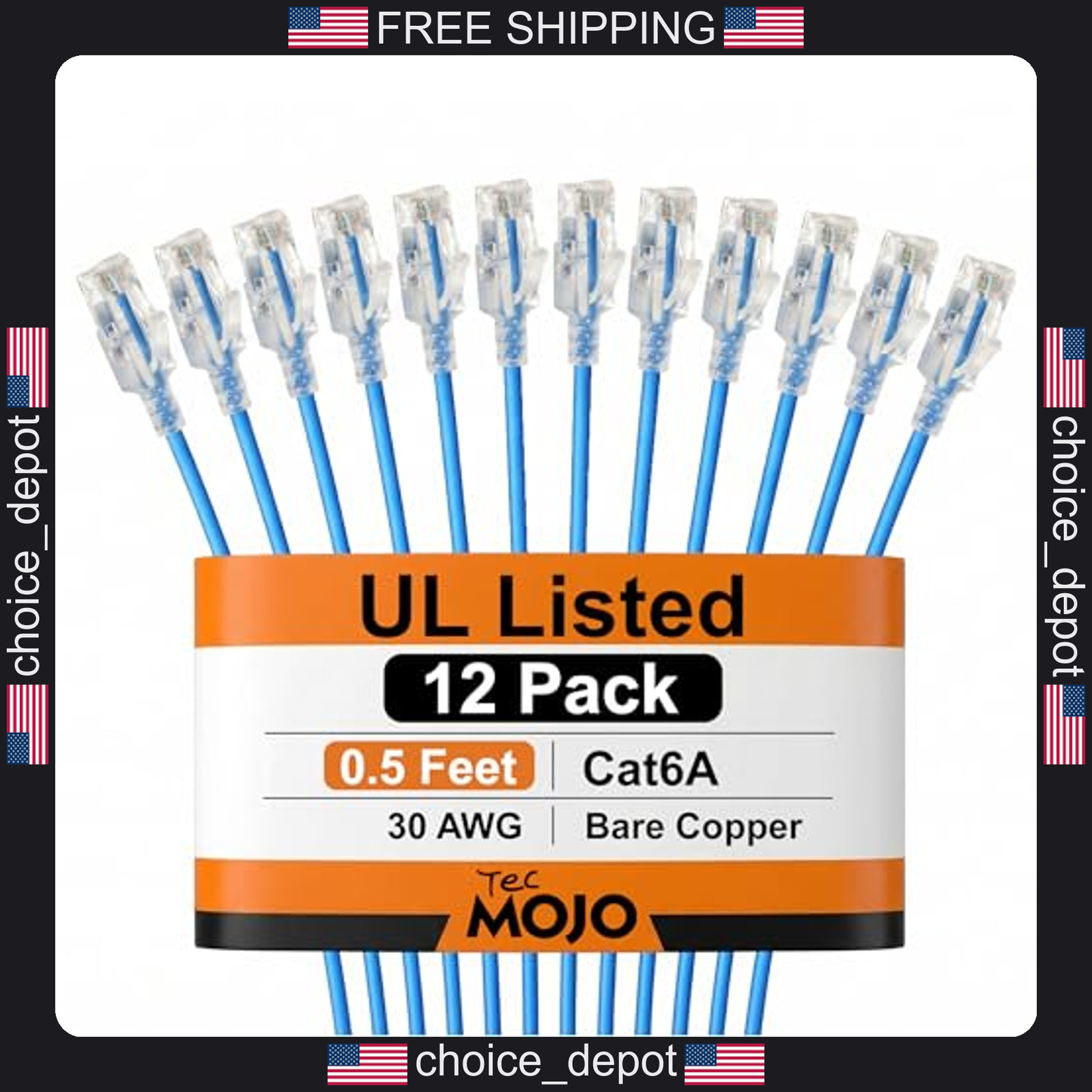 12 Pack Ultra-Slim Cat6a Ethernet Cables 0.5ft Blue for High-Speed Network