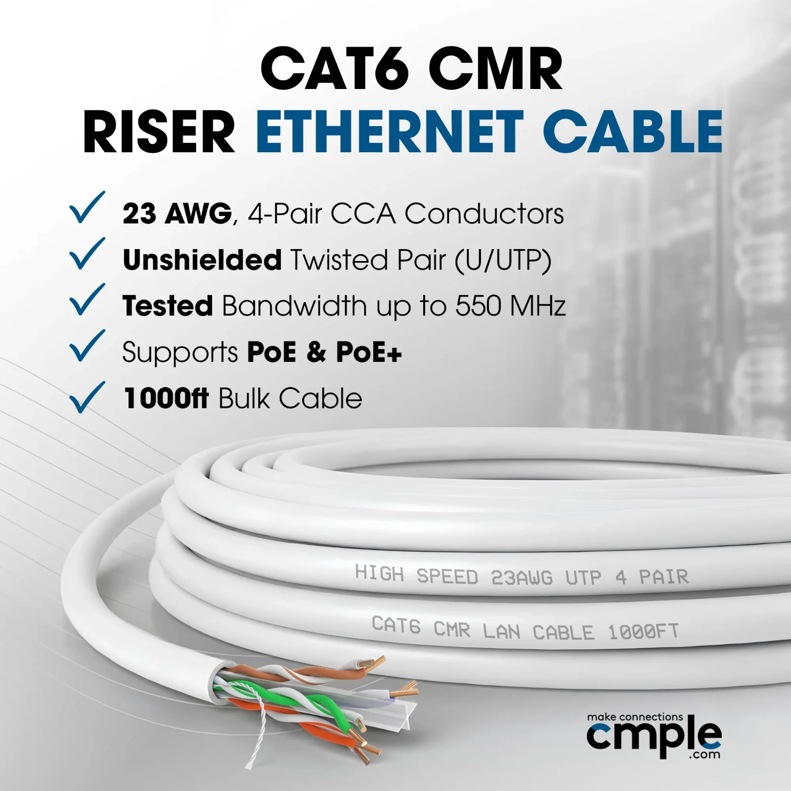 Cmple Cat6 Ethernet 1000ft Bulk Network Cable, Cat6 UTP, 23AWG CMR Riser – White
