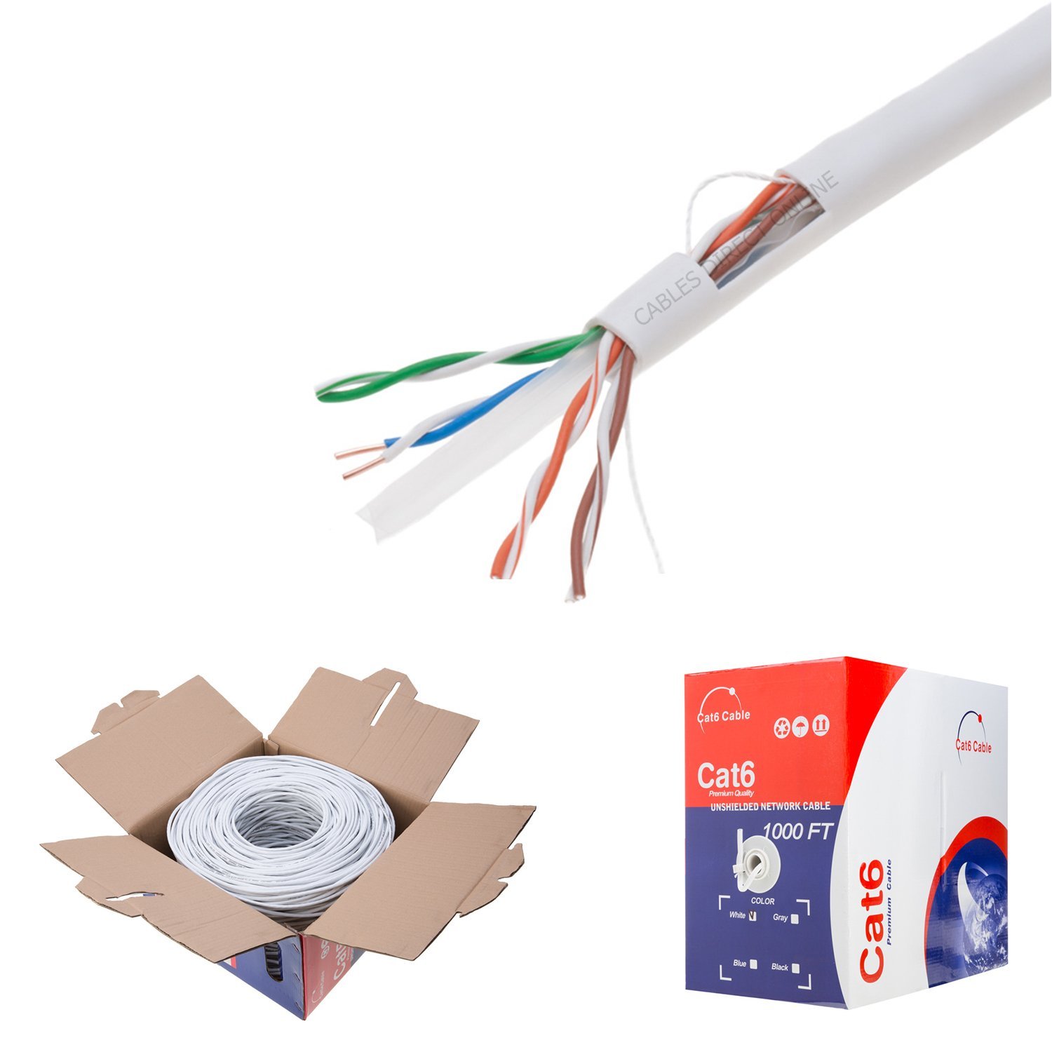 Plenum CAT6 1000FT CMP Cable White  Blue  Black Solid 23 AWG Bulk Box Wire NEW