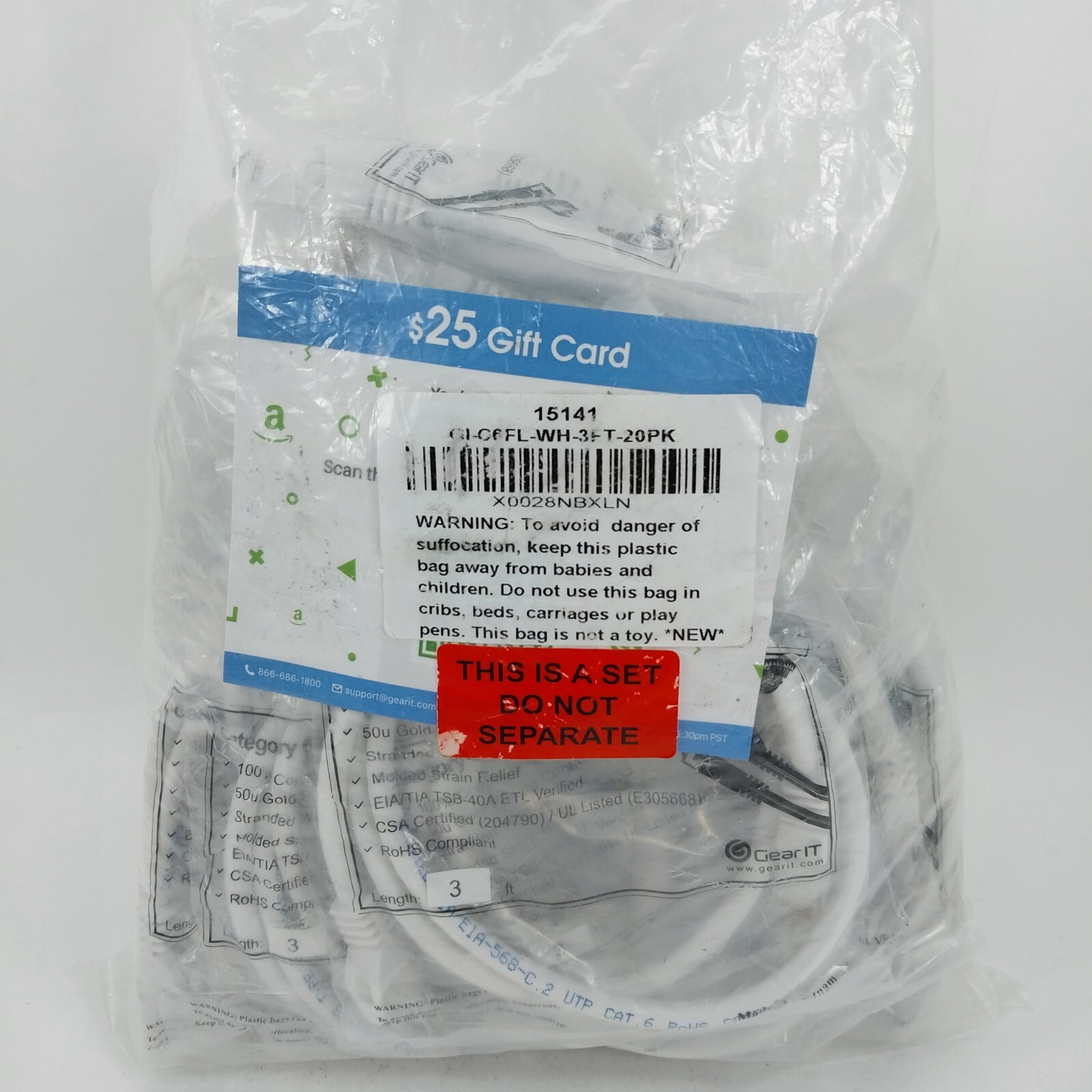 GearIT 20 Pack Cat 6 Ethernet Cable Cat6 Patch Cables 3 Feet 550 MHz Copper Wire