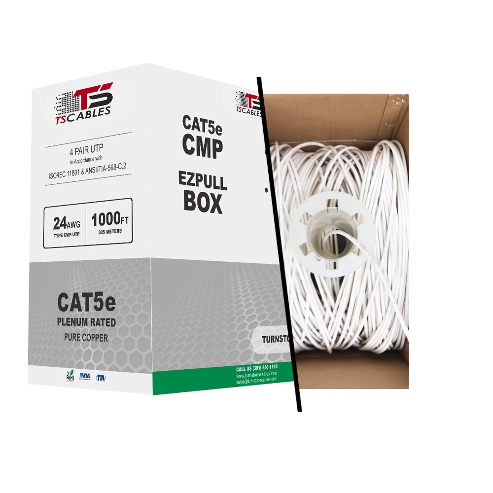 TS CablesCAT5e Plenum 350MHz Cable 1000FT 24 AWG SOLID BARE COPPER WHITE