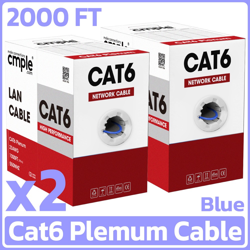 2 Pack Cat6 Plenum Bulk Ethernet Cable 1000ft CMP Solid 23AWG Network Blue