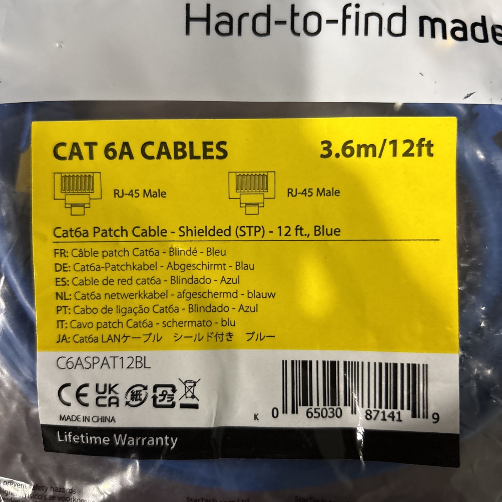 STARTECH 12ft CAT 6a Patch Cable Shielded Blue Ethernet Rj45 male Cord New