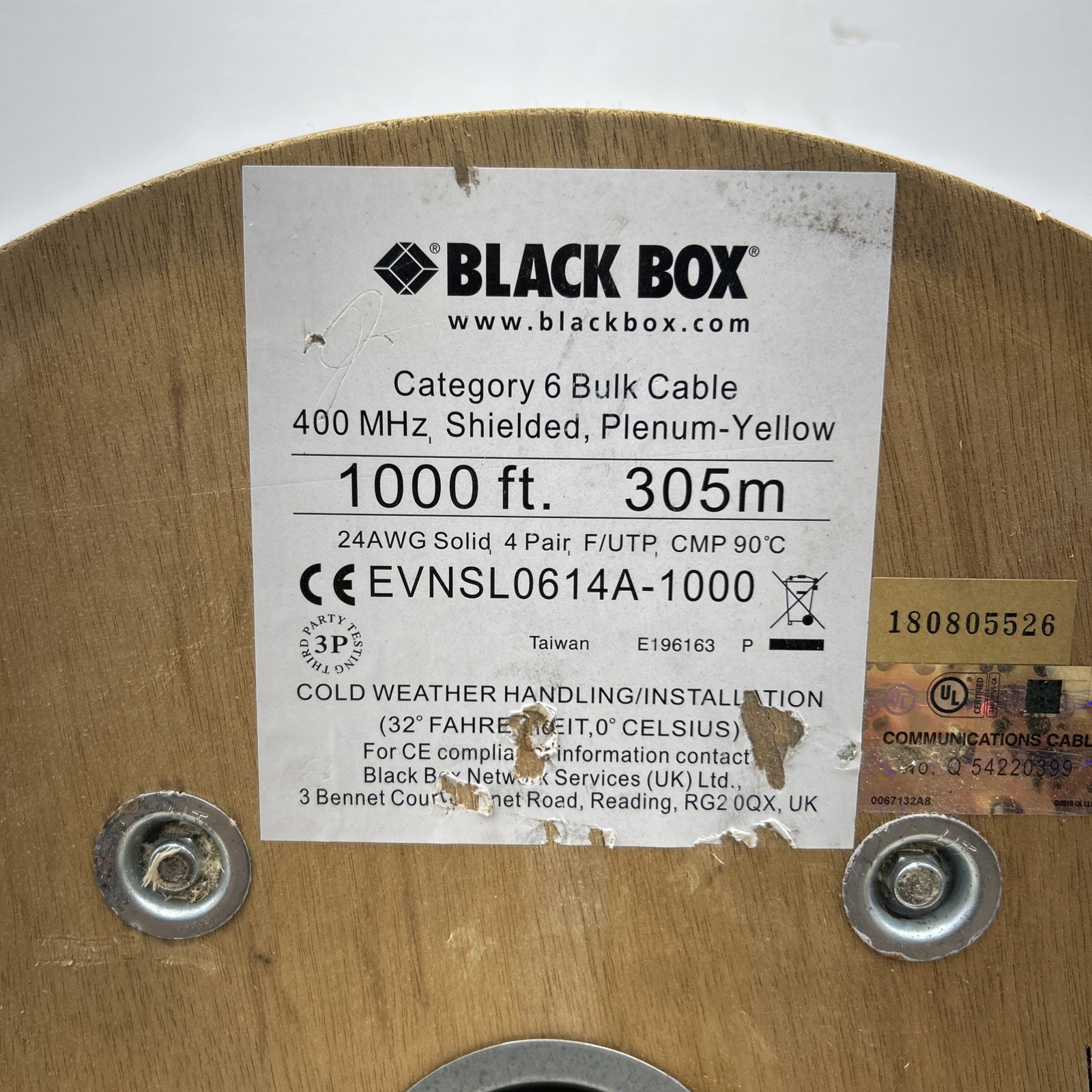 Black Box Category 6 Bulk Cable, 400 MHz, Shielded, Plenum-Yellow (1000ft)