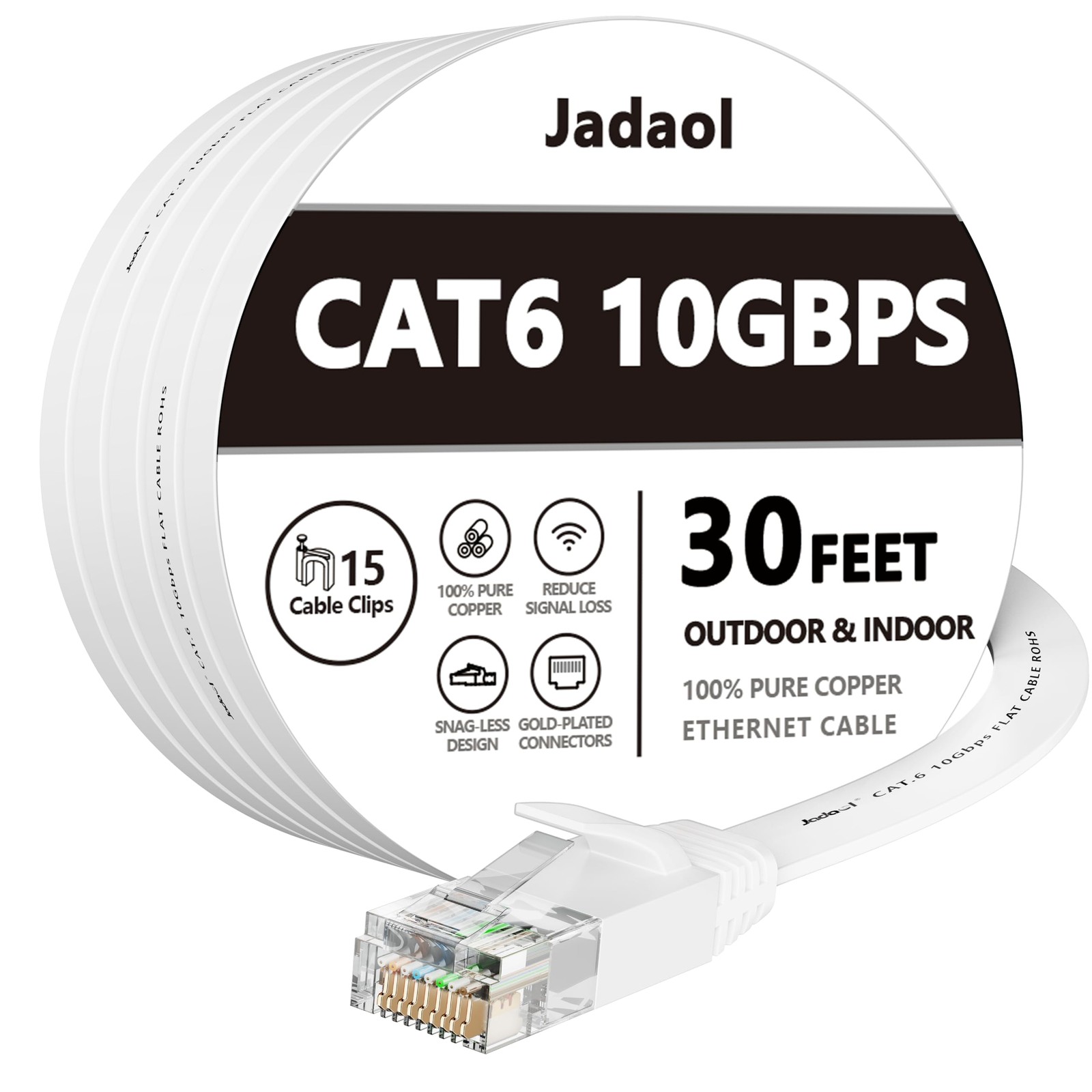 Jadaol Cat6 Ethernet Cable 30FT with Clips 10Gbps Flat Network 30ft, White