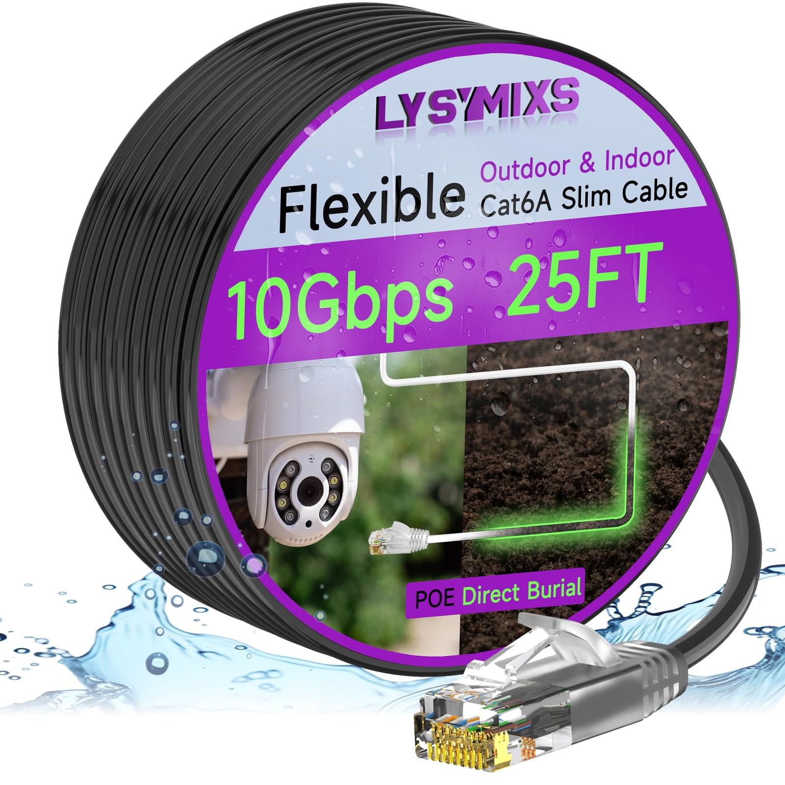Cat6a Slim Ethernet Patch Cable 25ft Outdoor & Indoor, Flexible 10G Cat6 Interne