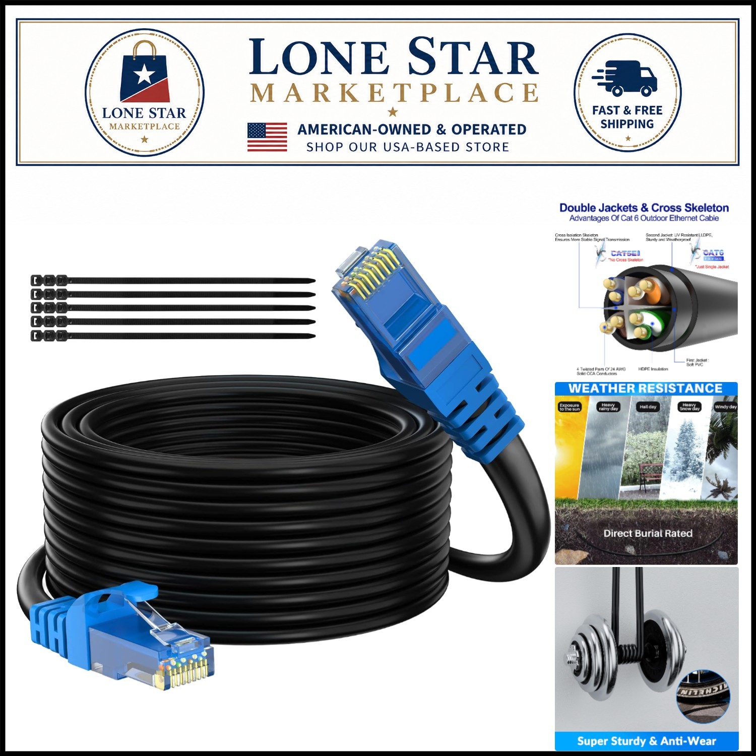 Cat 6 Outdoor Ethernet Cable 100ft – Weatherproof & Heavy Duty for POE Cameras