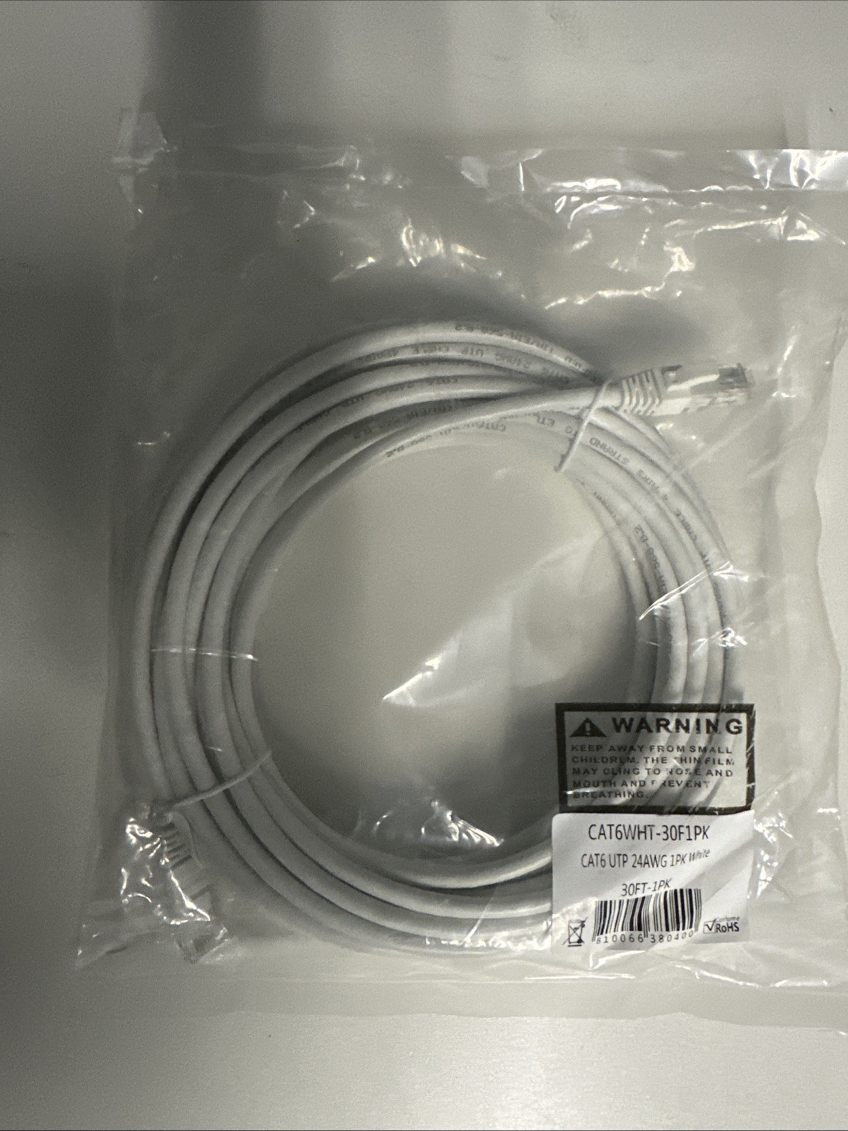 Cat6 UTP 24AWG Ethernet Cable 30 ft White 1 PK NEW