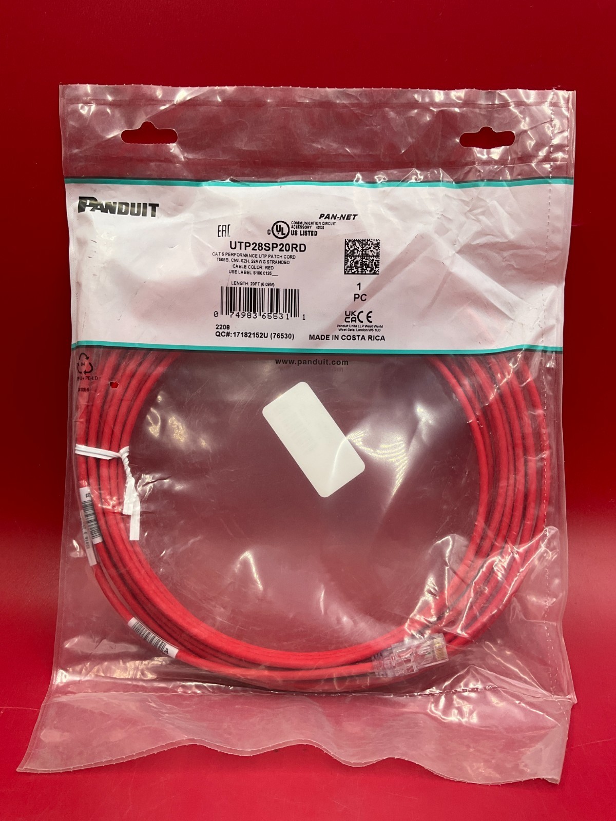 Panduit CAT-6 Booted, Snagless Patch Cable – 20 feet red UTP28SP20RD ✅❤️️✅❤️️